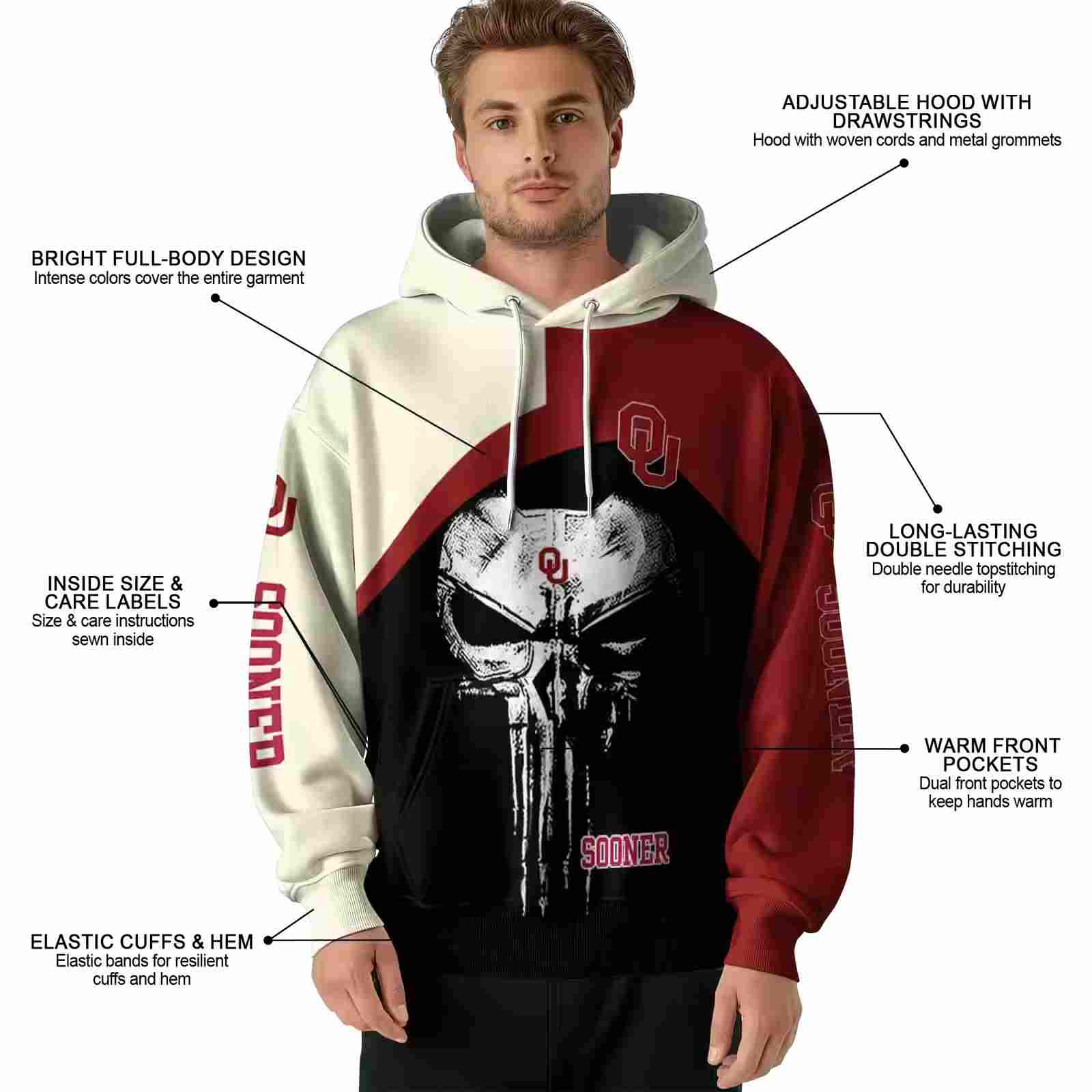 oklahoma sooners skull punisher cream black hoodie latest model