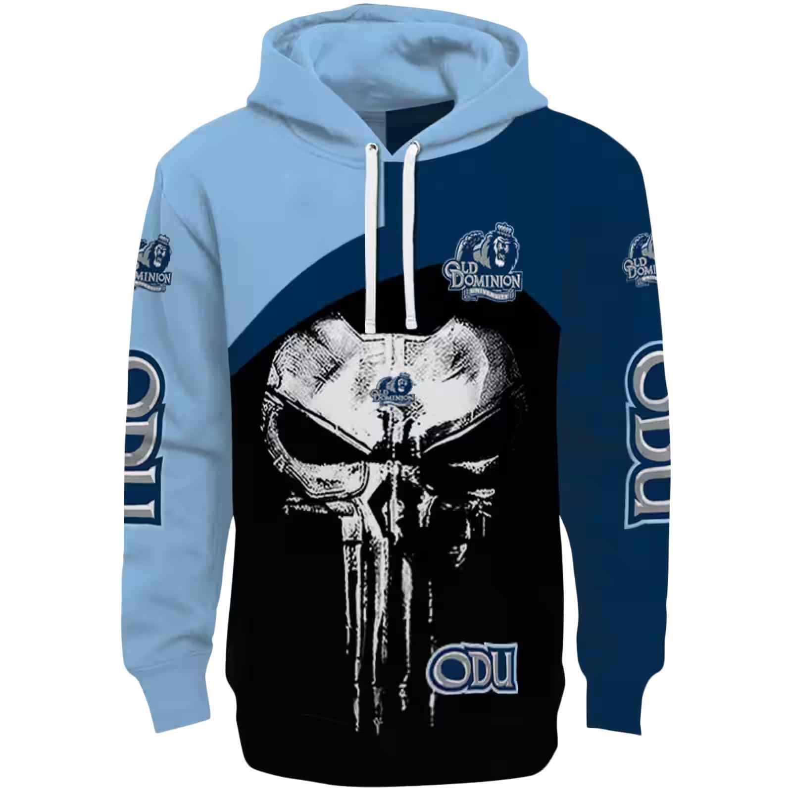 Old Dominion Monarchs Skull Punisher Light Blue Black Hoodie