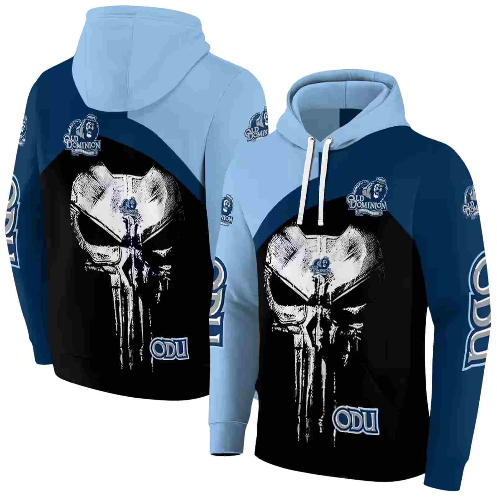 old dominion monarchs skull punisher light blue black hoodie fashion forward