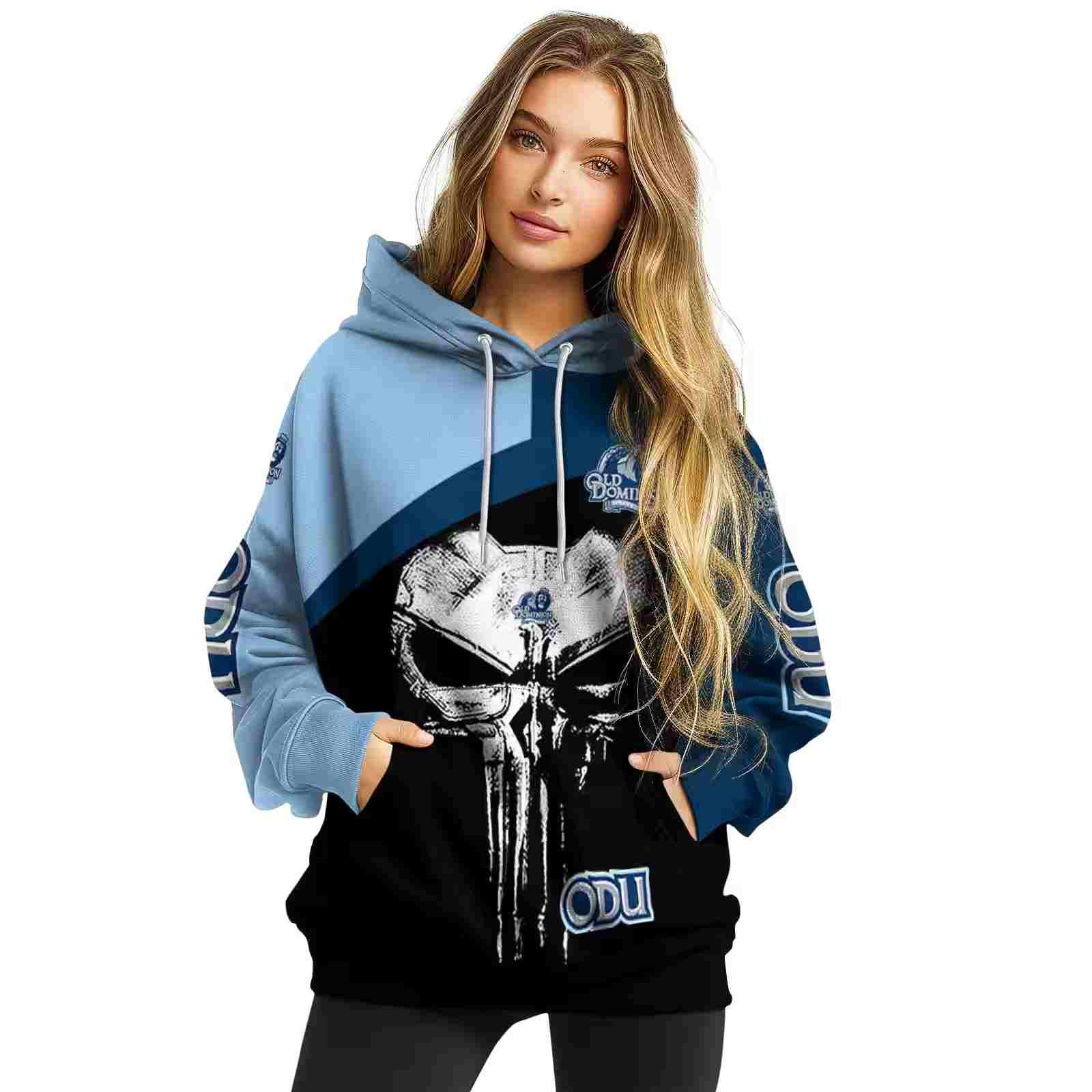 old dominion monarchs skull punisher light blue black hoodie high quality