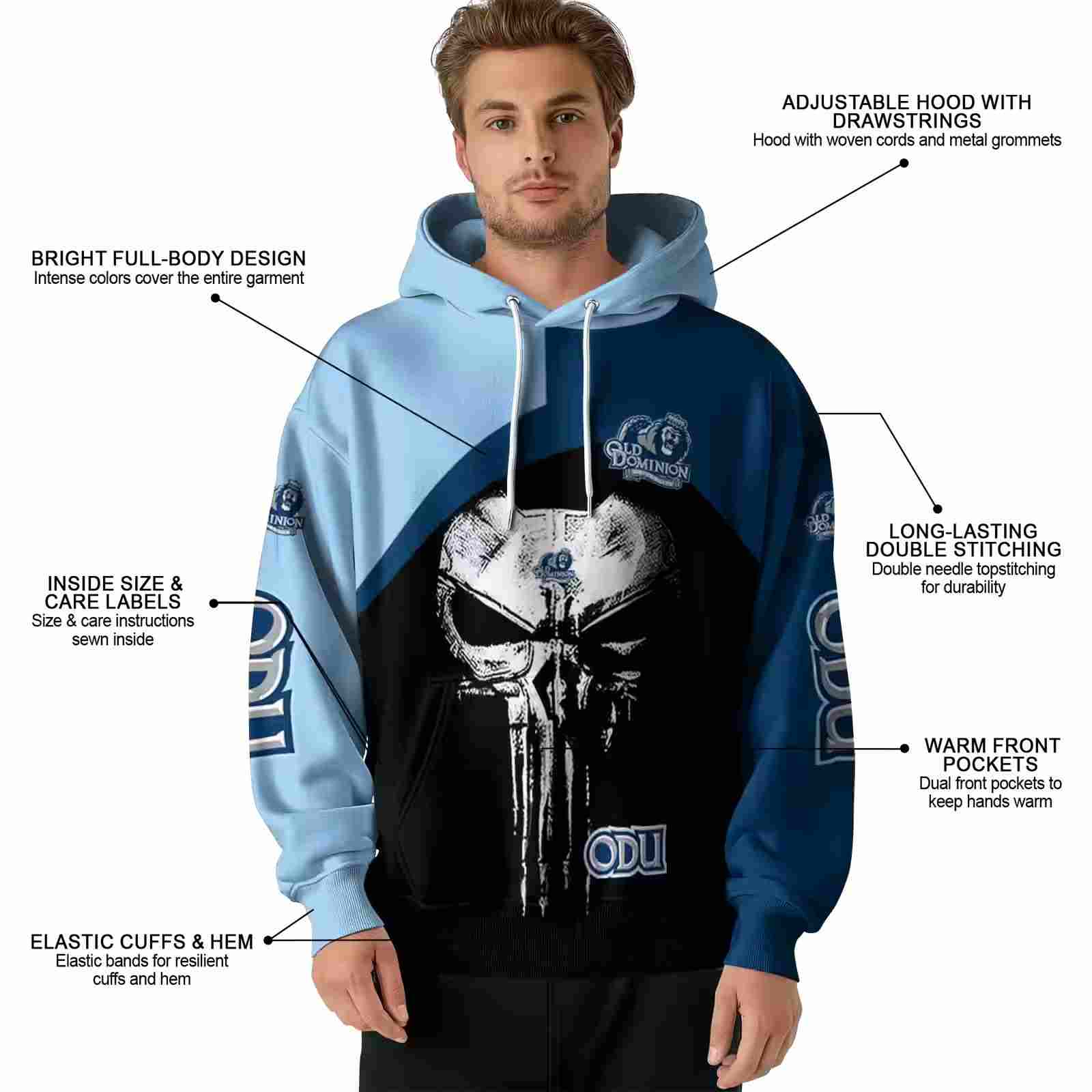 old dominion monarchs skull punisher light blue black hoodie latest model