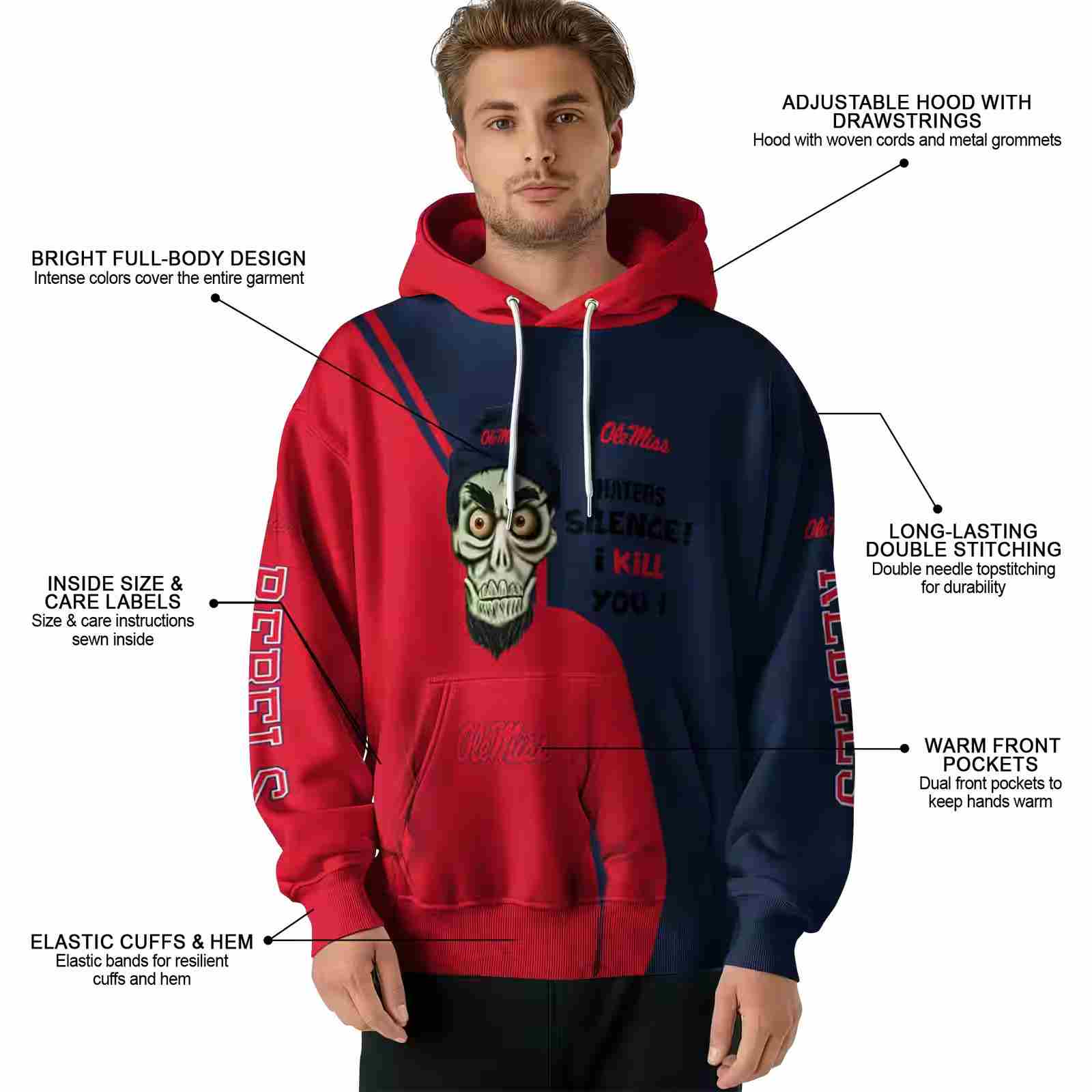 ole miss rebels achmed skull red hoodie latest model