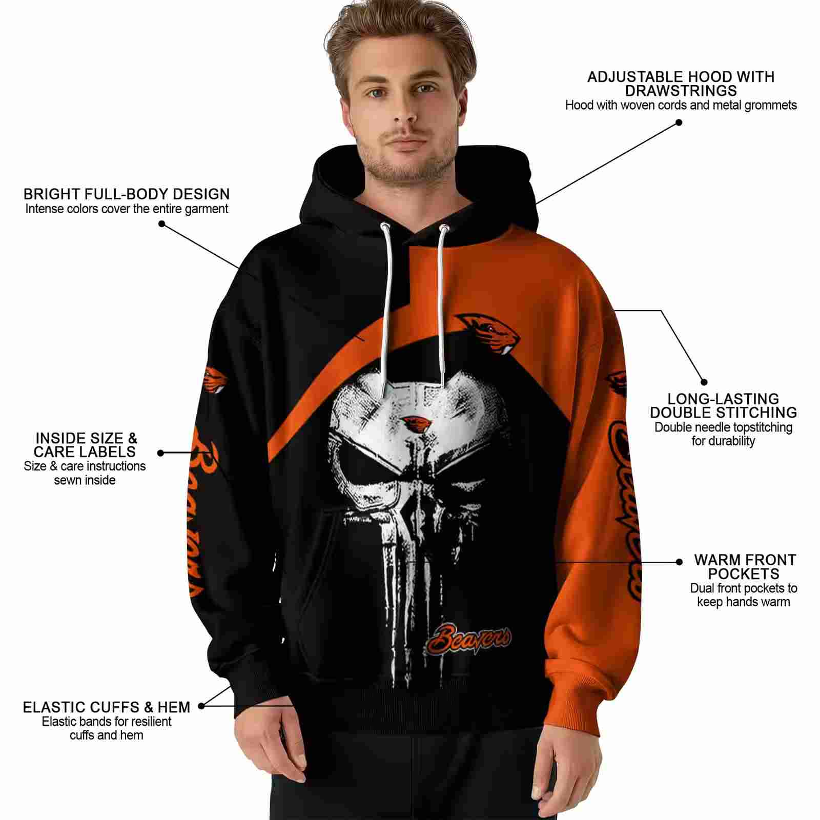 oregon state beavers skull punisher black hoodie latest model