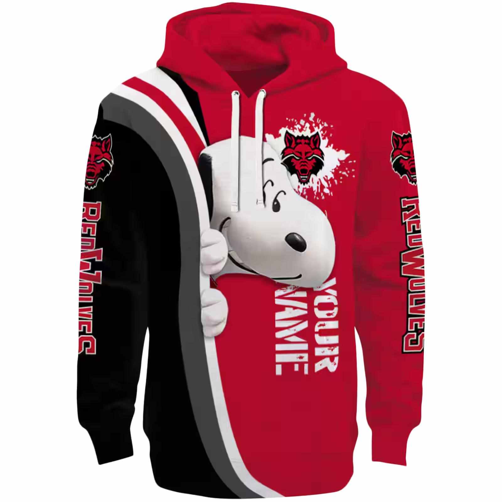 Personalized Arkansas State Red Wolves Peeking Snoopy Scarlet Hoodie