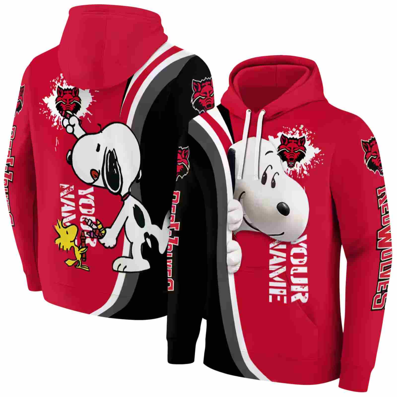 personalized arkansas state red wolves peeking snoopy scarlet hoodie fashion forward