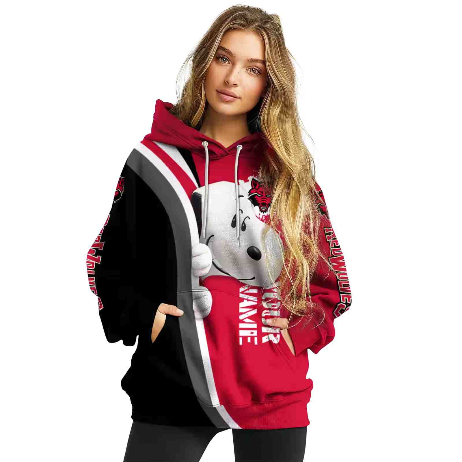 personalized arkansas state red wolves peeking snoopy scarlet hoodie high quality