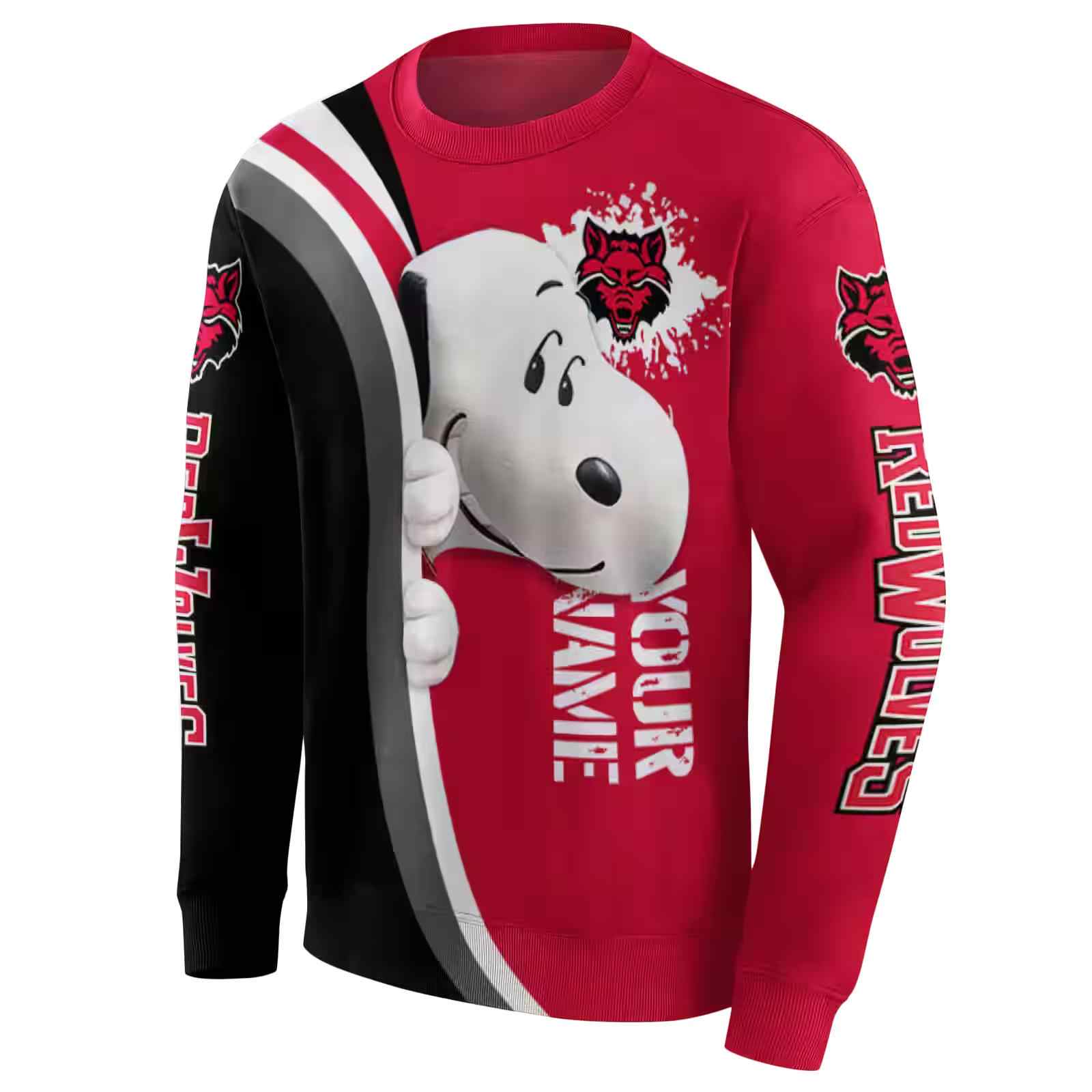 personalized arkansas state red wolves peeking snoopy scarlet hoodie new arrival