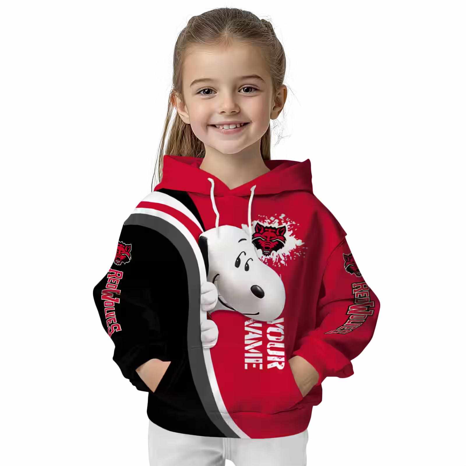 personalized arkansas state red wolves peeking snoopy scarlet hoodie top rated