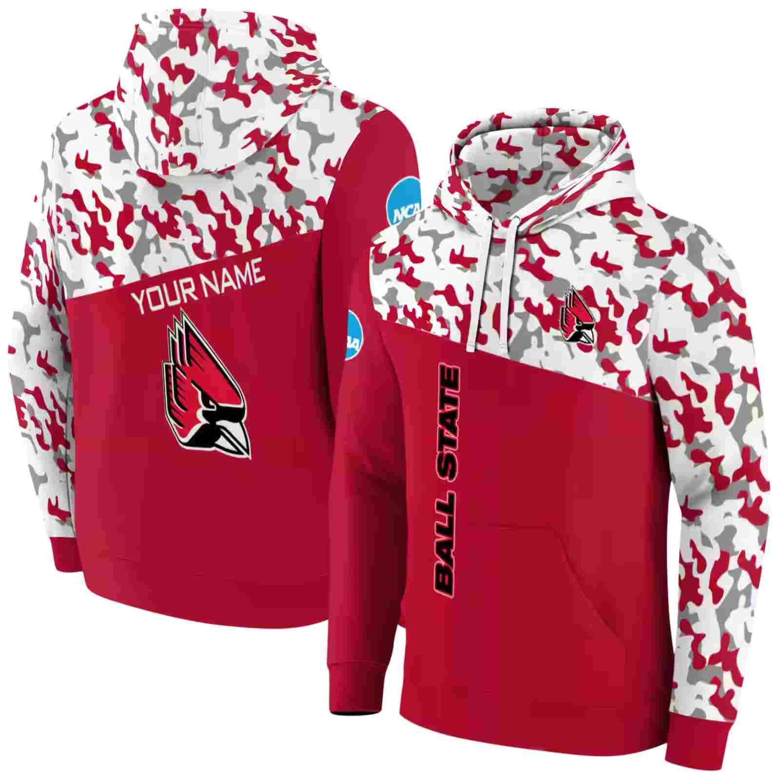 personalized ball state cardinals camo pattern red hoodie fashion forward