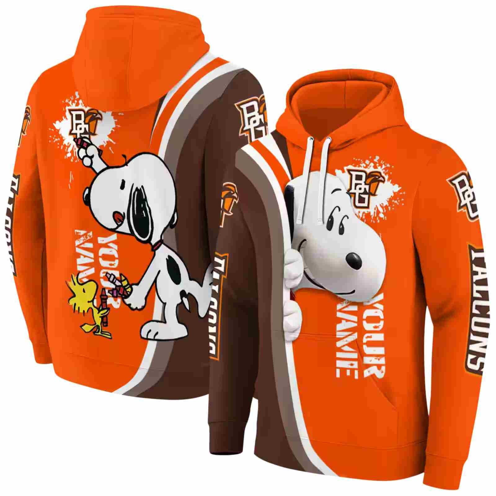 personalized bowling green falcons peeking snoopy orange hoodie fashion forward