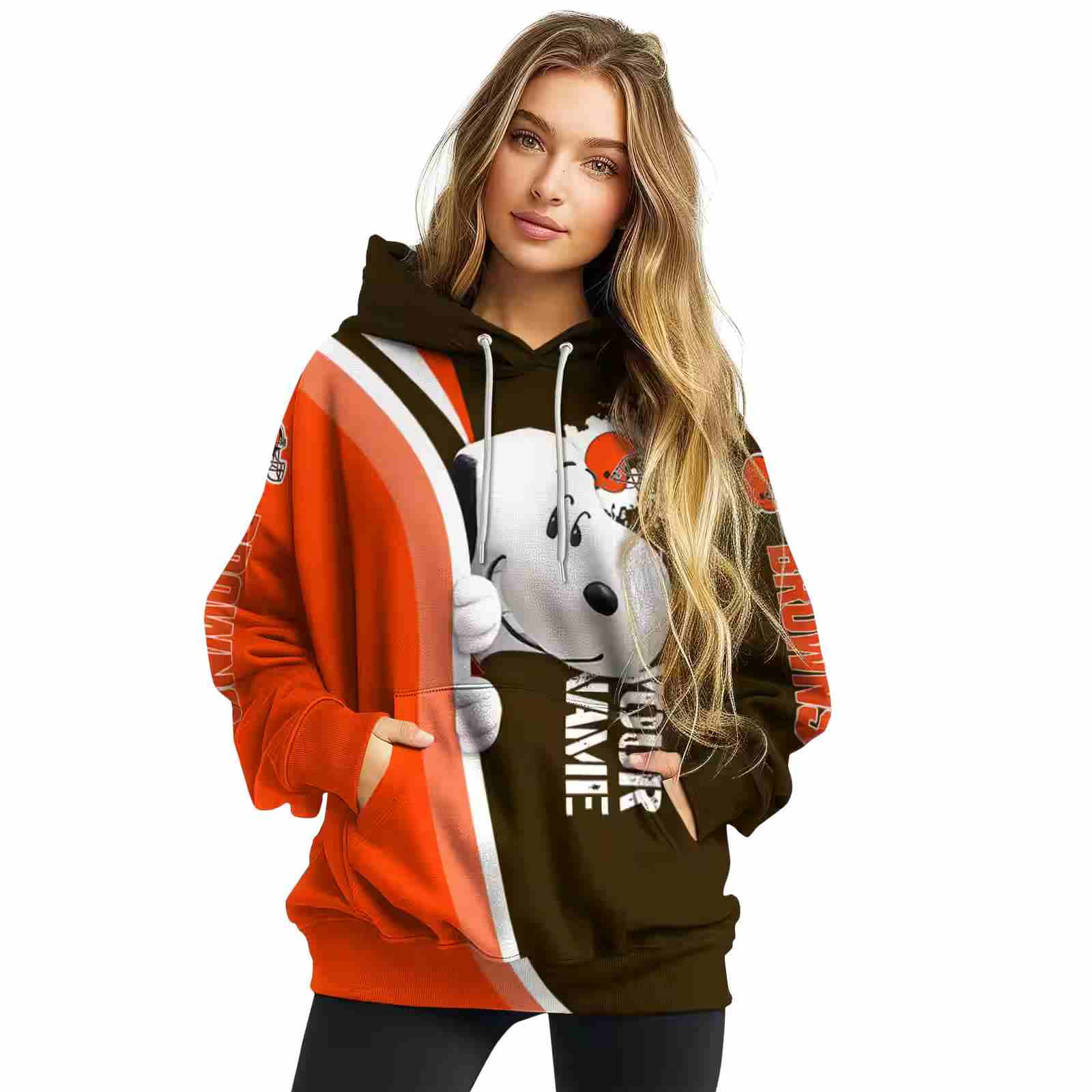 personalized cleveland browns peeking snoopy brown hoodie high quality