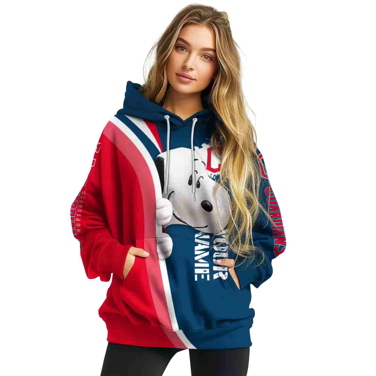 personalized cleveland guardians peeking snoopy navy blue hoodie high quality