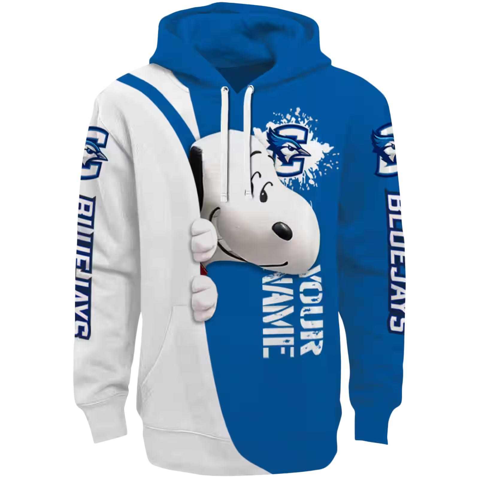 Personalized Creighton Bluejays Peeking Snoopy Blue Hoodie