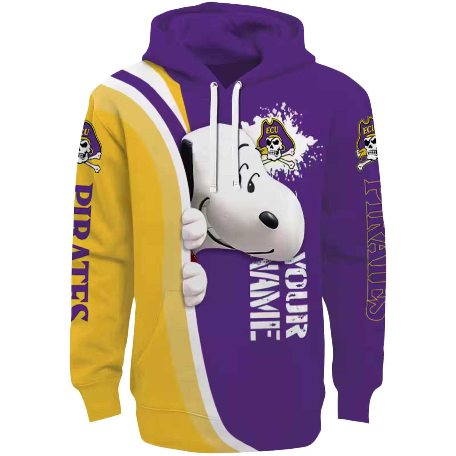 Personalized East Carolina Pirates Peeking Snoopy Purple Hoodie