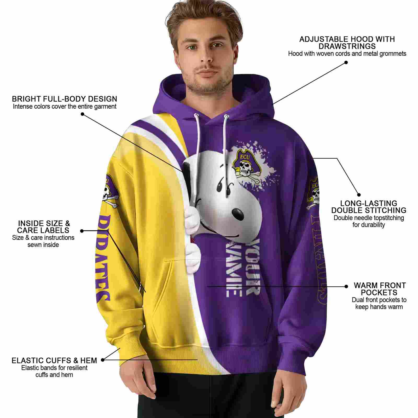 personalized east carolina pirates peeking snoopy purple hoodie latest model