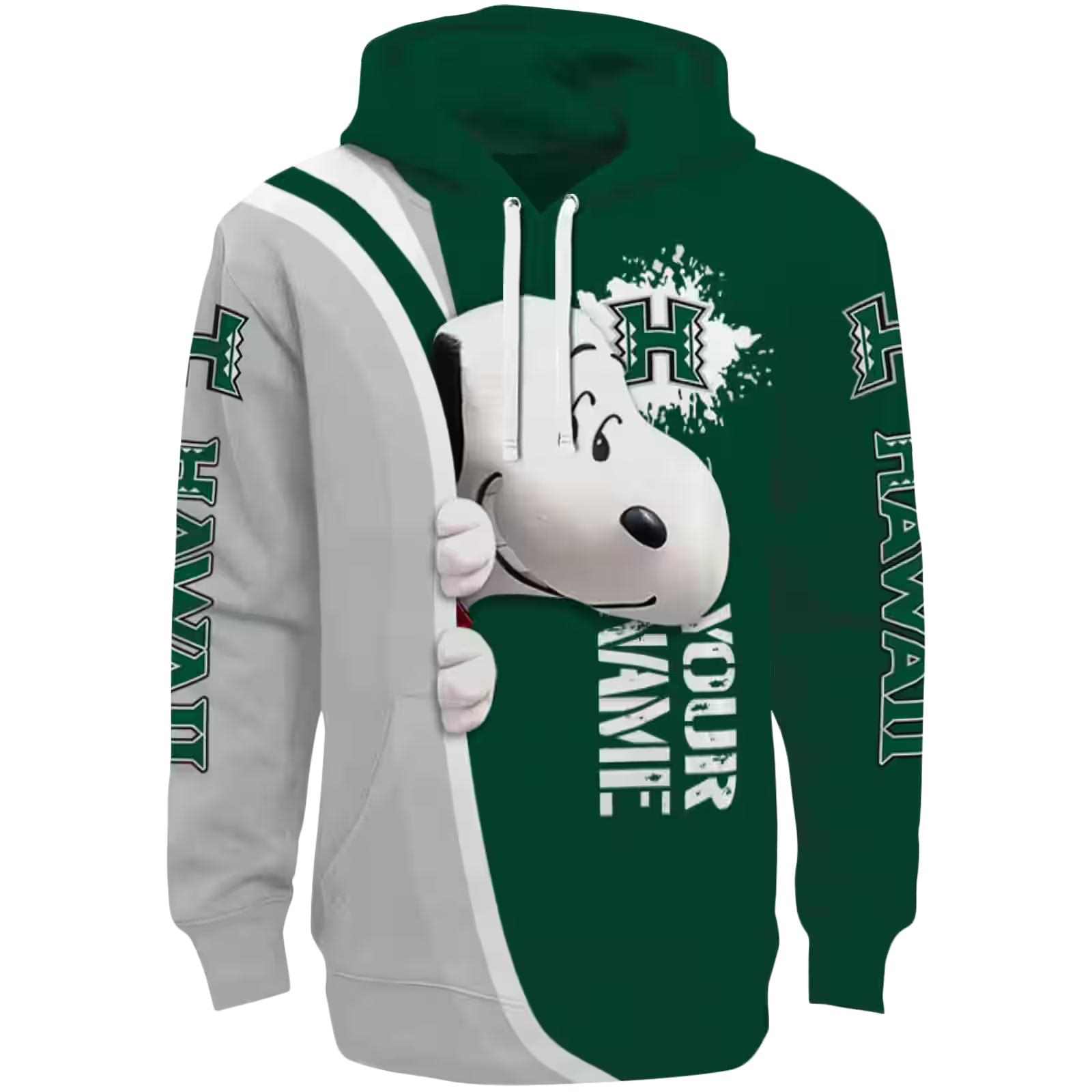 Personalized Hawaii Rainbow Warriors Peeking Snoopy Green Hoodie