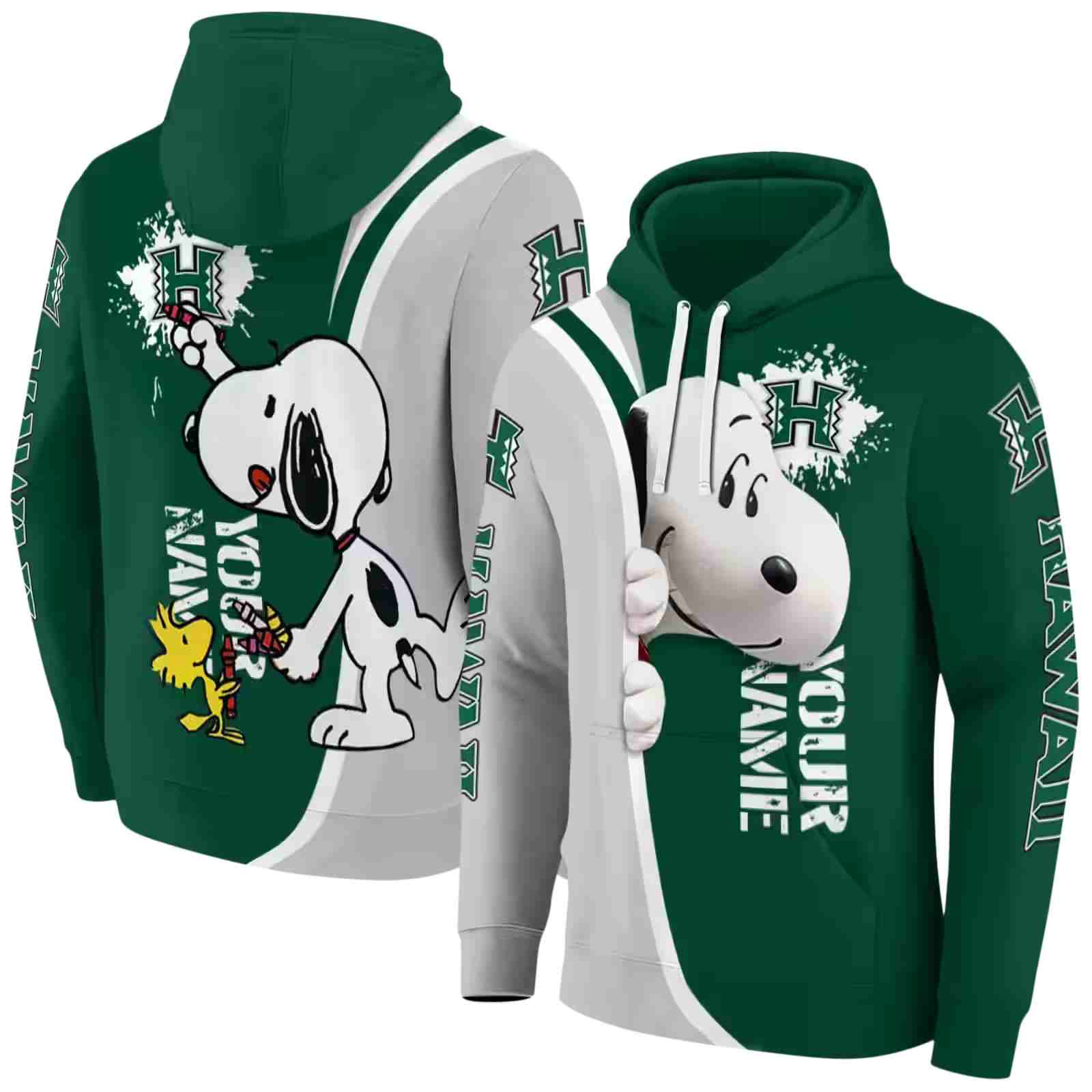 personalized hawaii rainbow warriors peeking snoopy green hoodie fashion forward