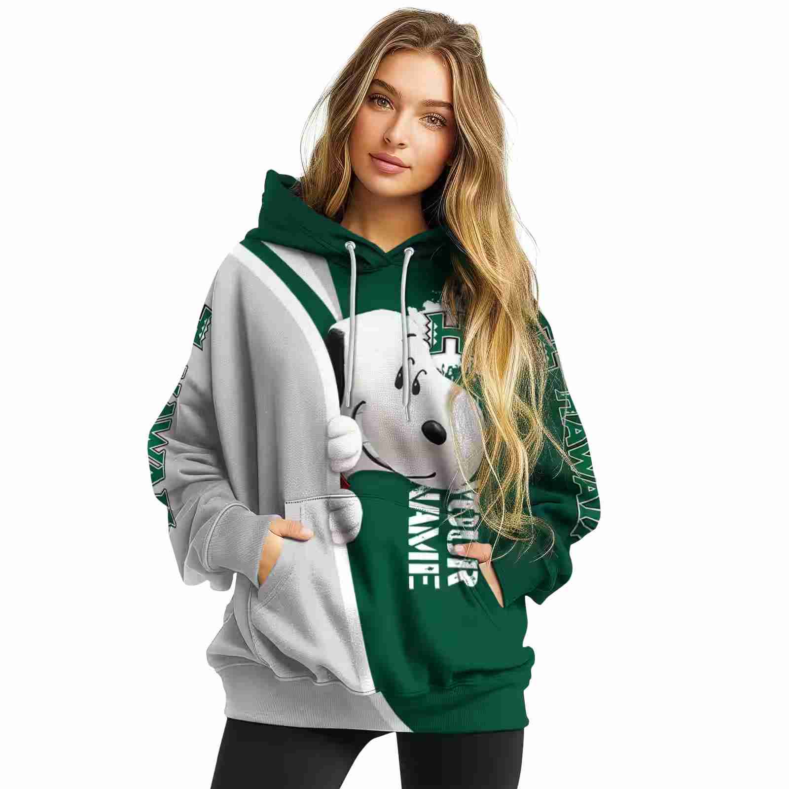 personalized hawaii rainbow warriors peeking snoopy green hoodie high quality