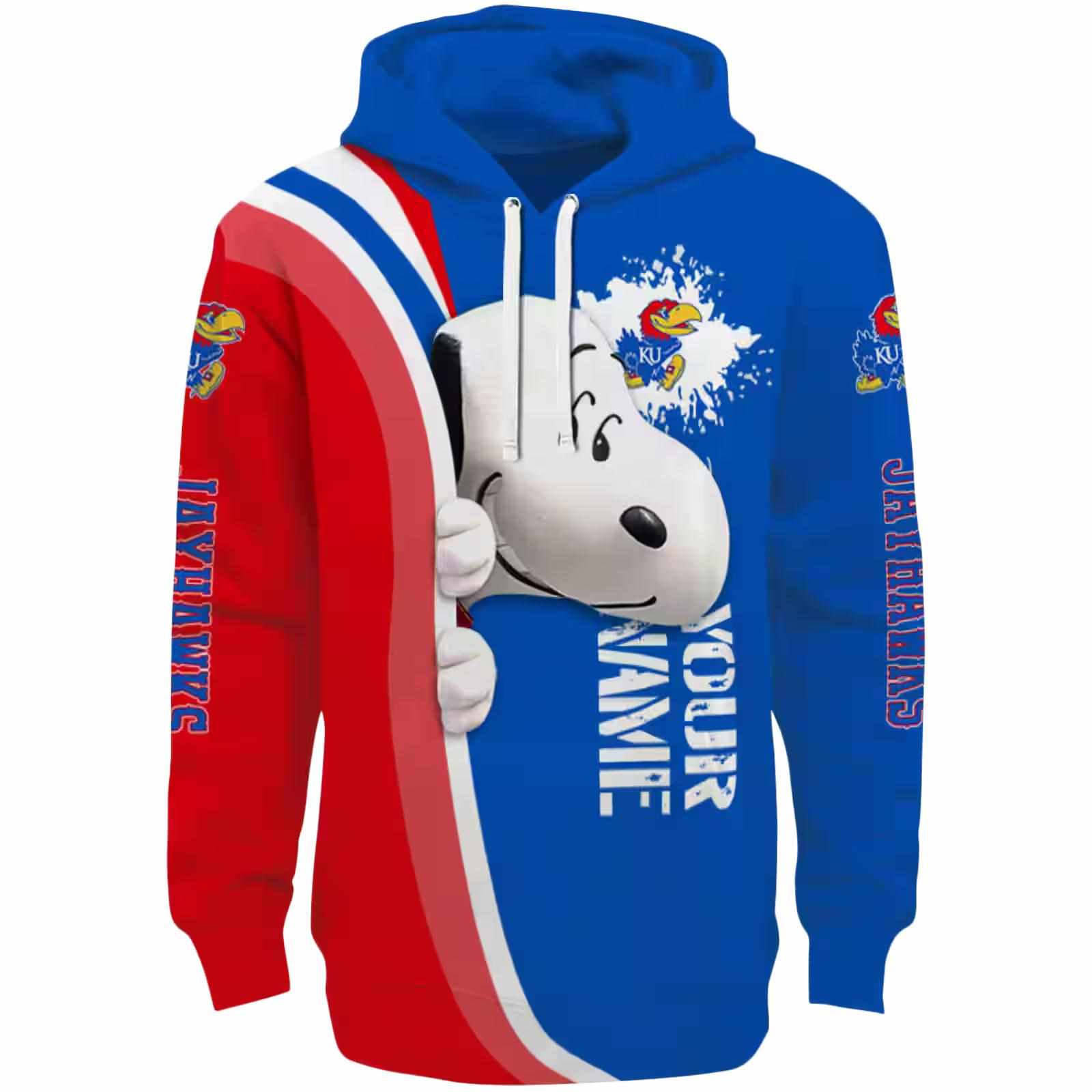 Personalized Kansas Jayhawks Peeking Snoopy Blue Hoodie