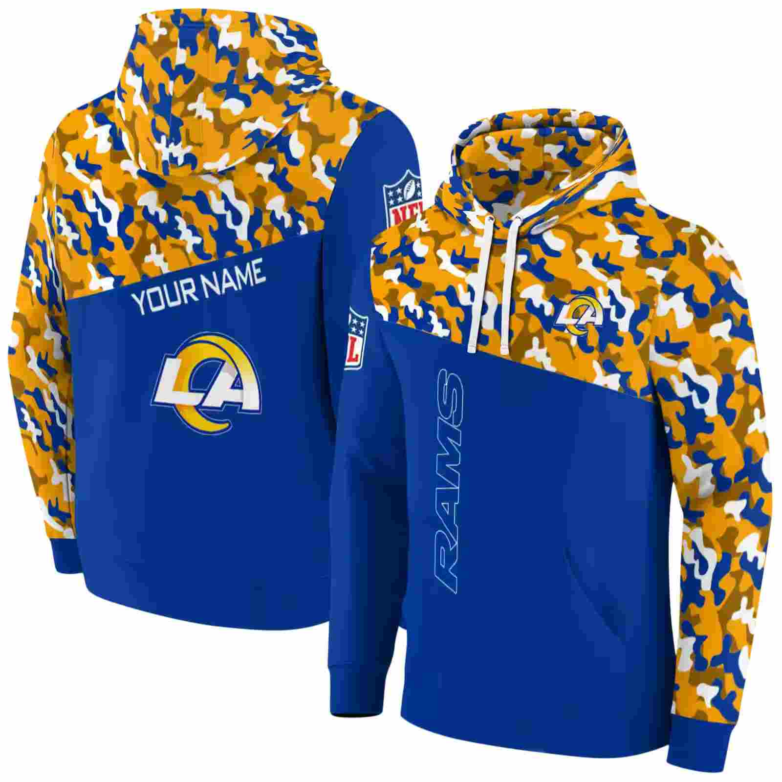 personalized los angeles rams camo pattern blue hoodie fashion forward