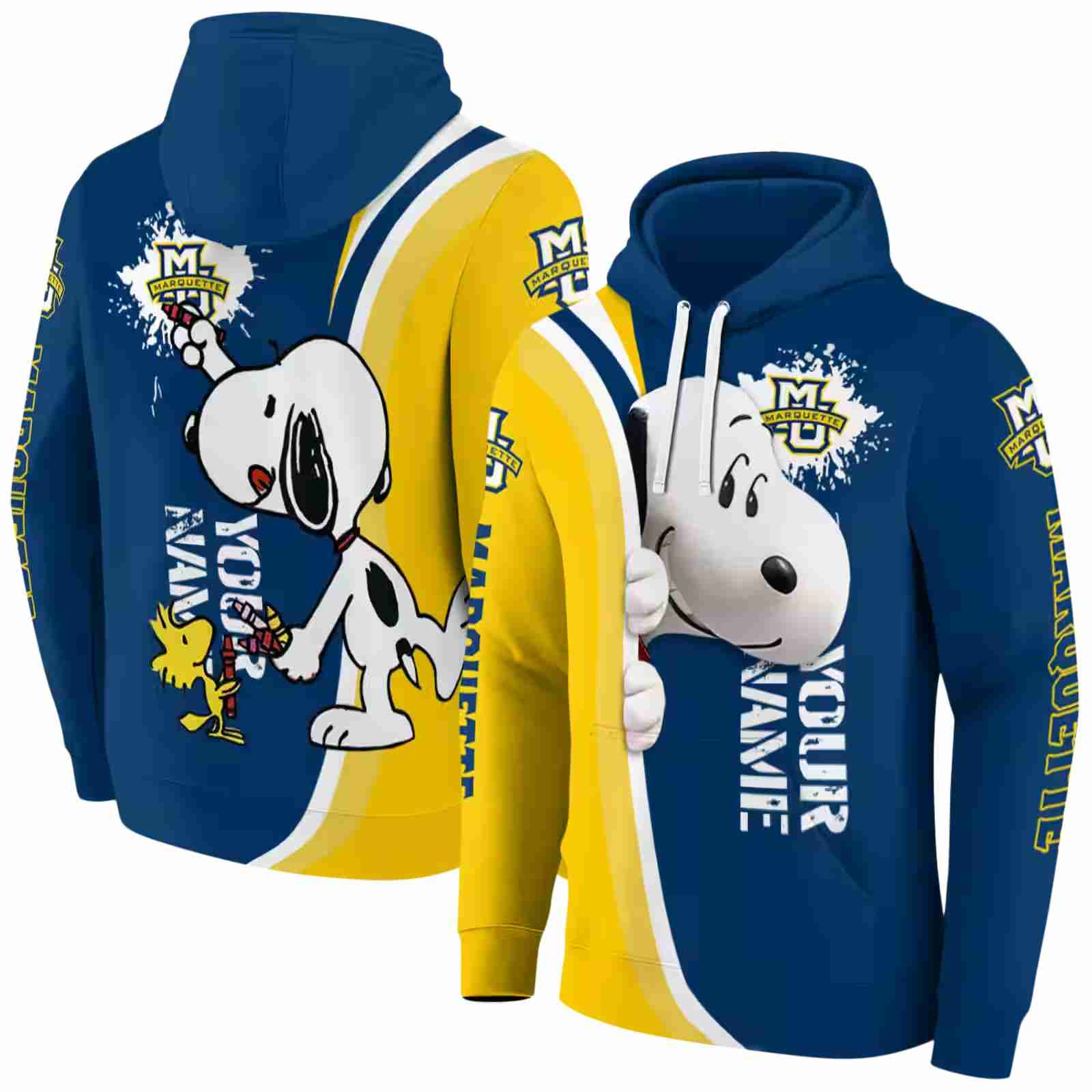 personalized marquette golden eagles peeking snoopy blue hoodie fashion forward