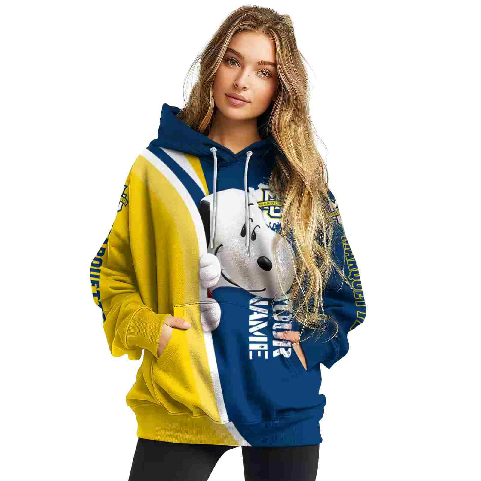 personalized marquette golden eagles peeking snoopy blue hoodie high quality