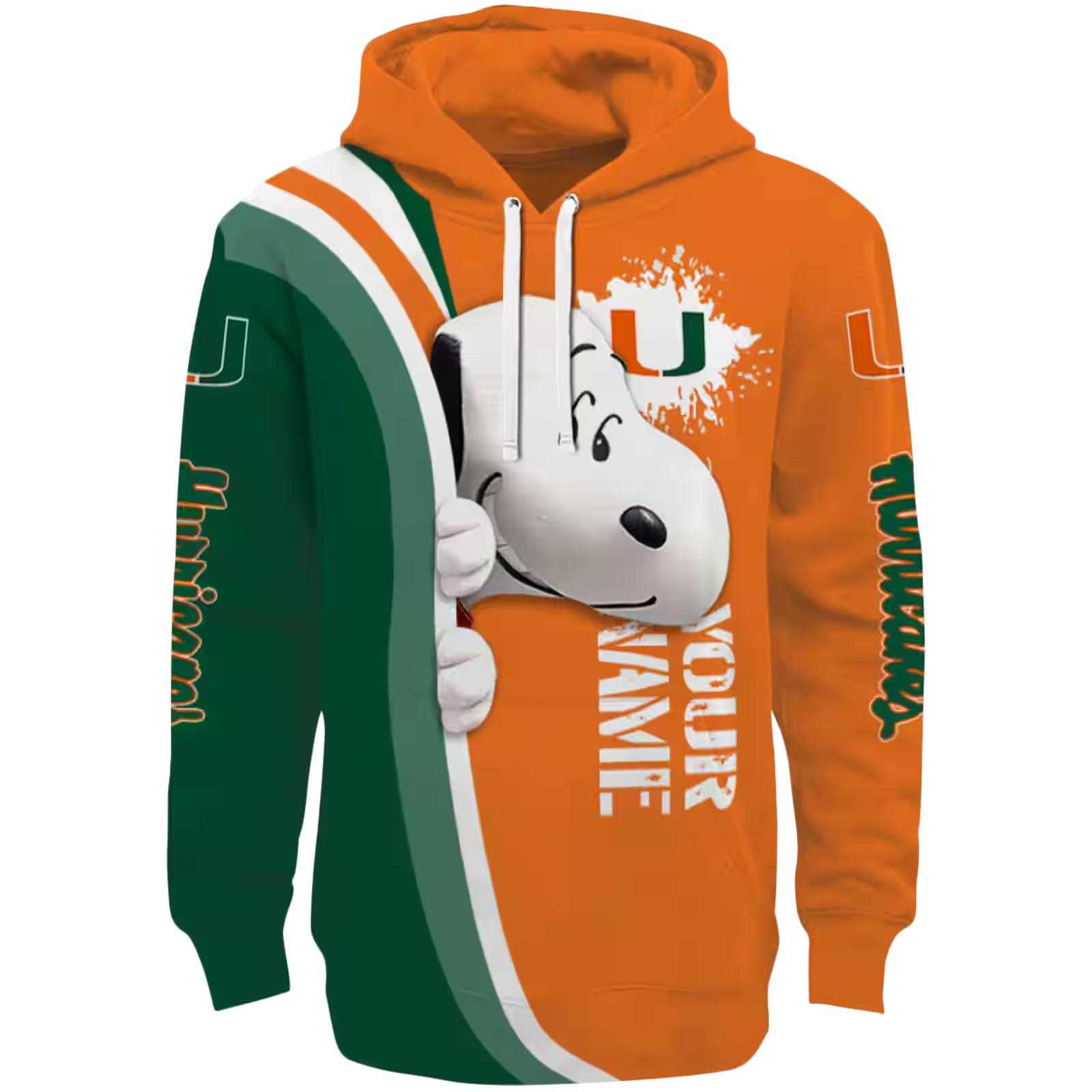 Personalized Miami Hurricanes Peeking Snoopy Orange Hoodie