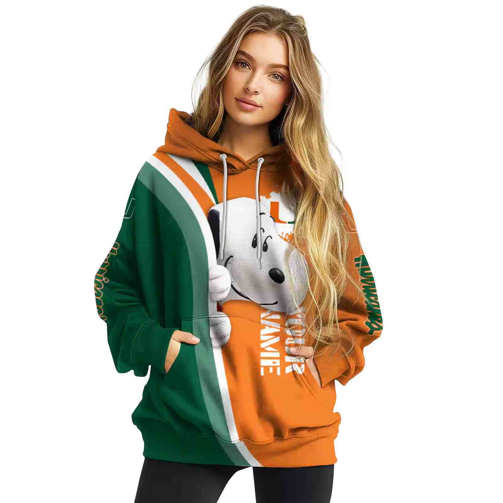 personalized miami hurricanes peeking snoopy orange hoodie high quality