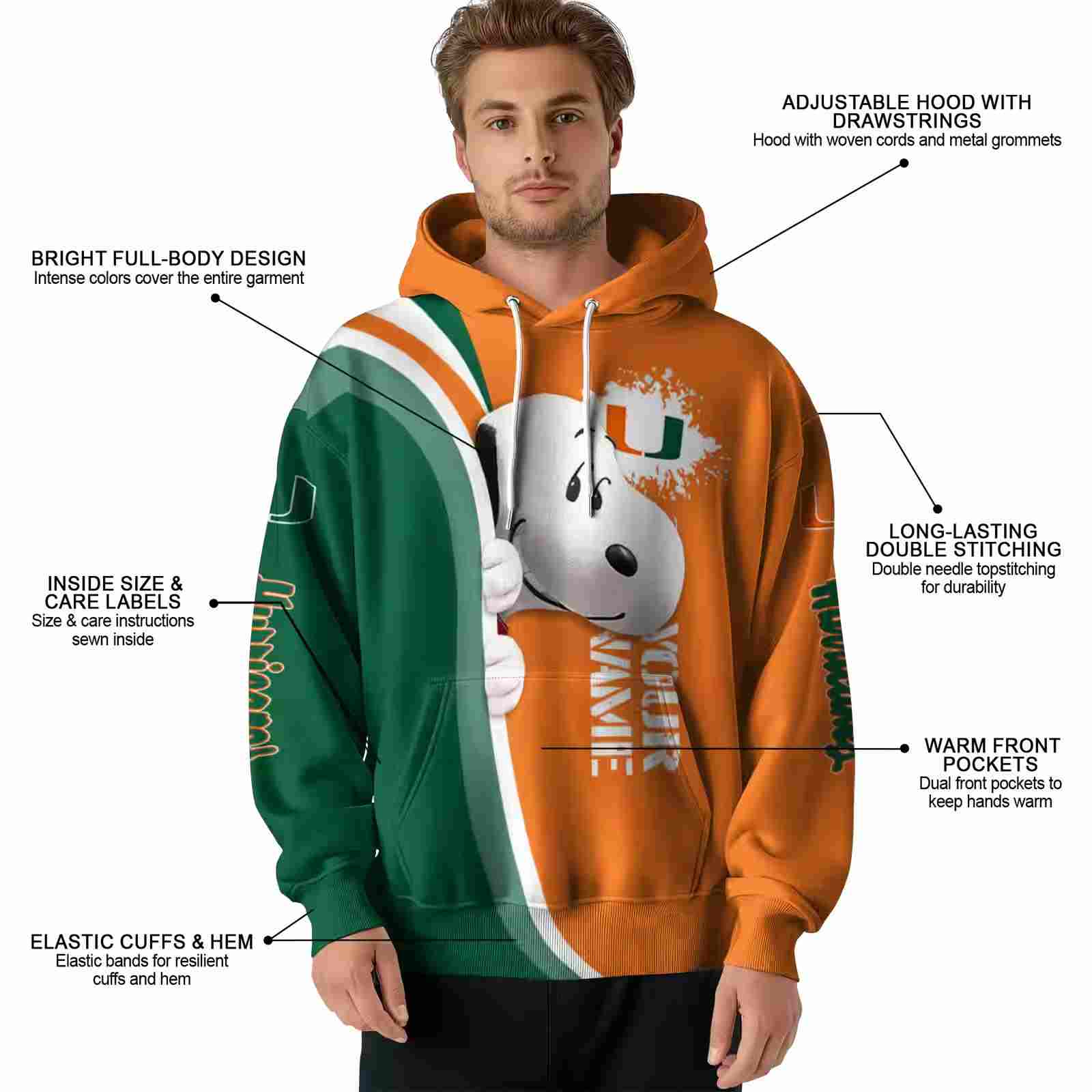 personalized miami hurricanes peeking snoopy orange hoodie latest model