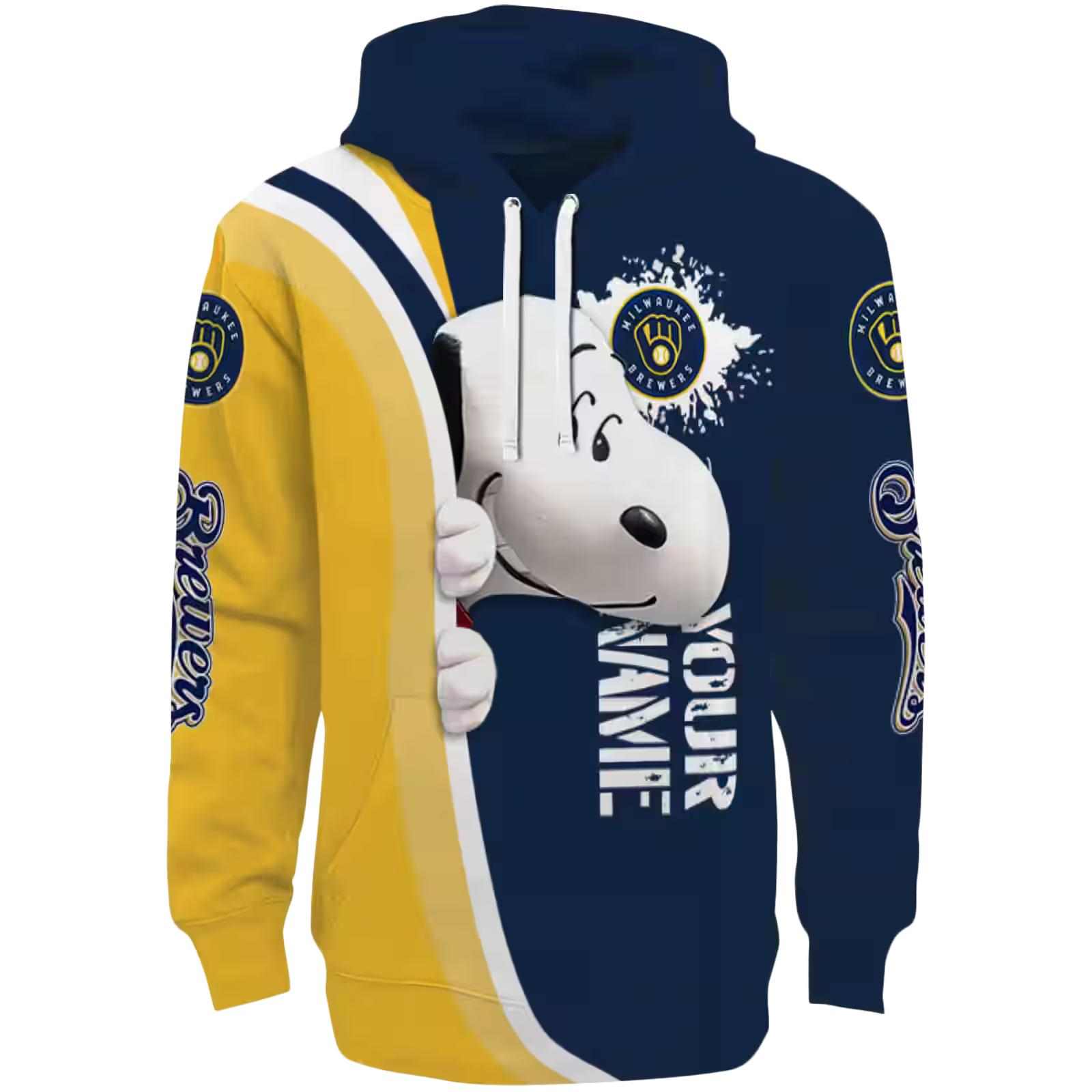 Personalized Milwaukee Brewers Peeking Snoopy Navy Blue Hoodie