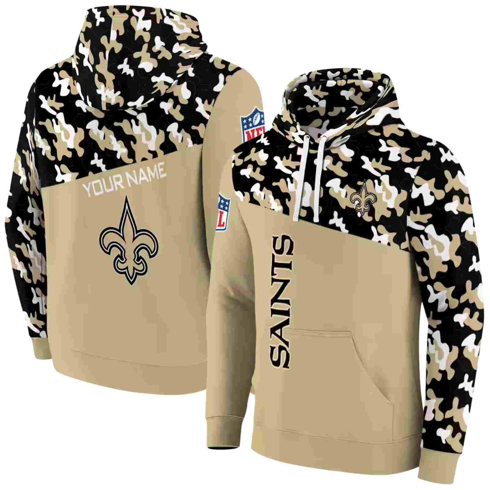 personalized new orleans saints camo pattern gold hoodie fashion forward