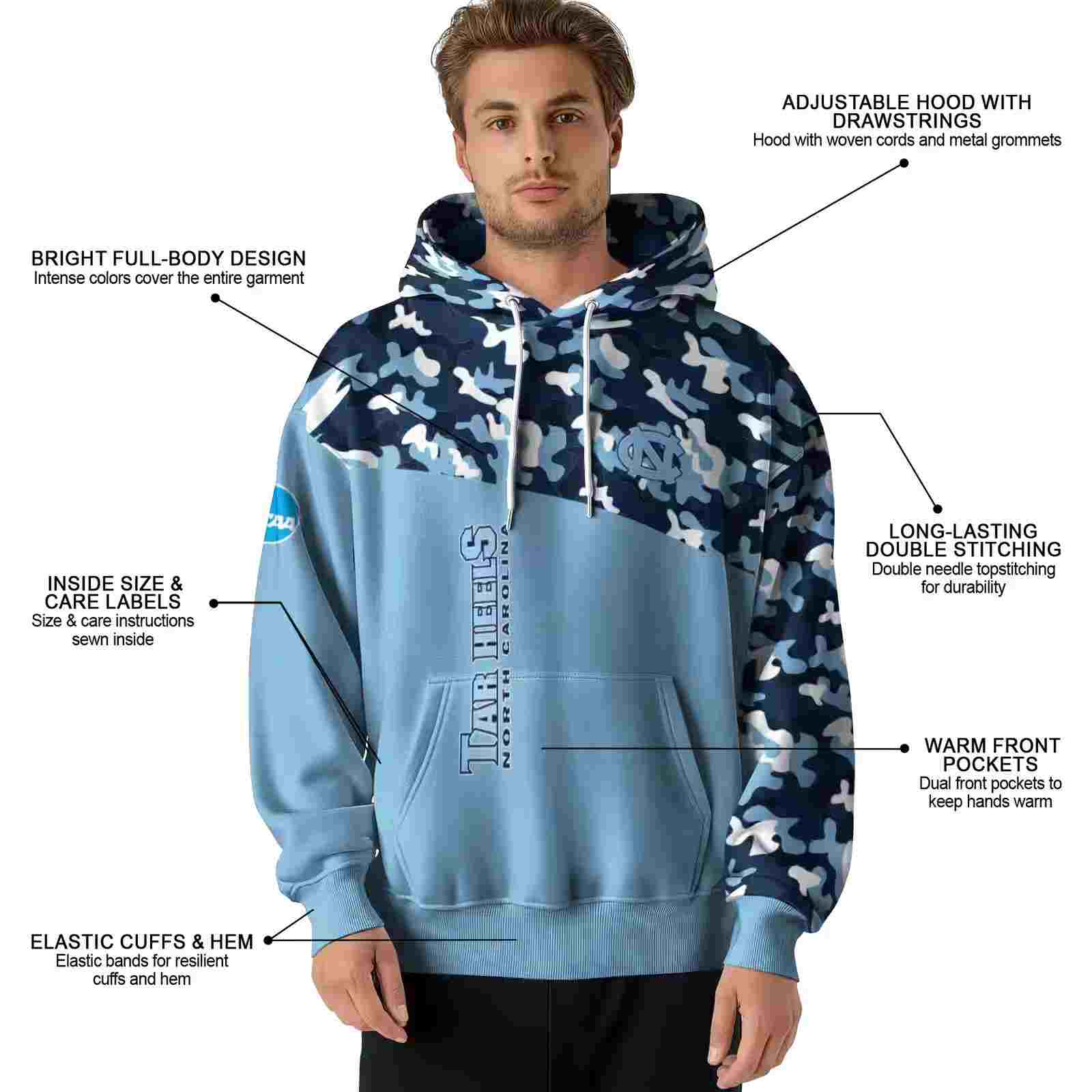 personalized north carolina tar heels camo pattern light blue hoodie latest model