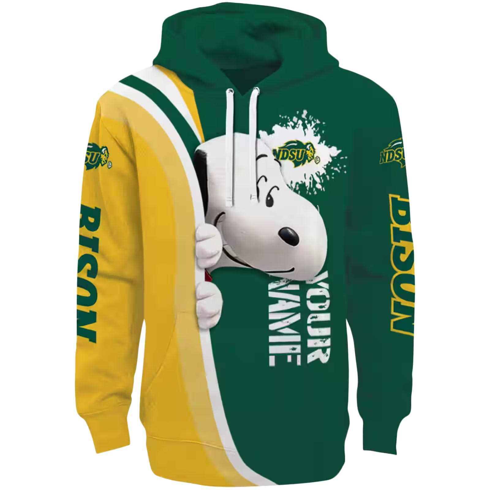 Personalized North Dakota State Bison Peeking Snoopy Green Hoodie