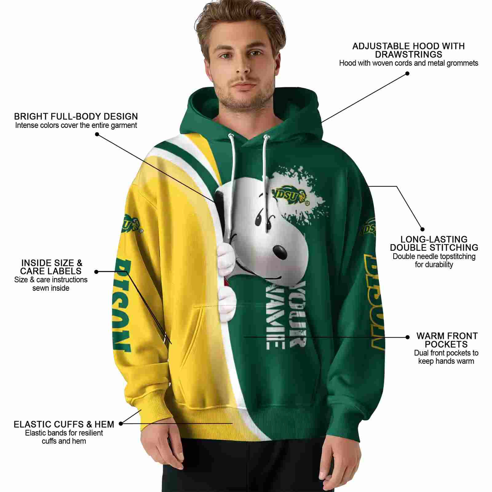 personalized north dakota state bison peeking snoopy green hoodie latest model