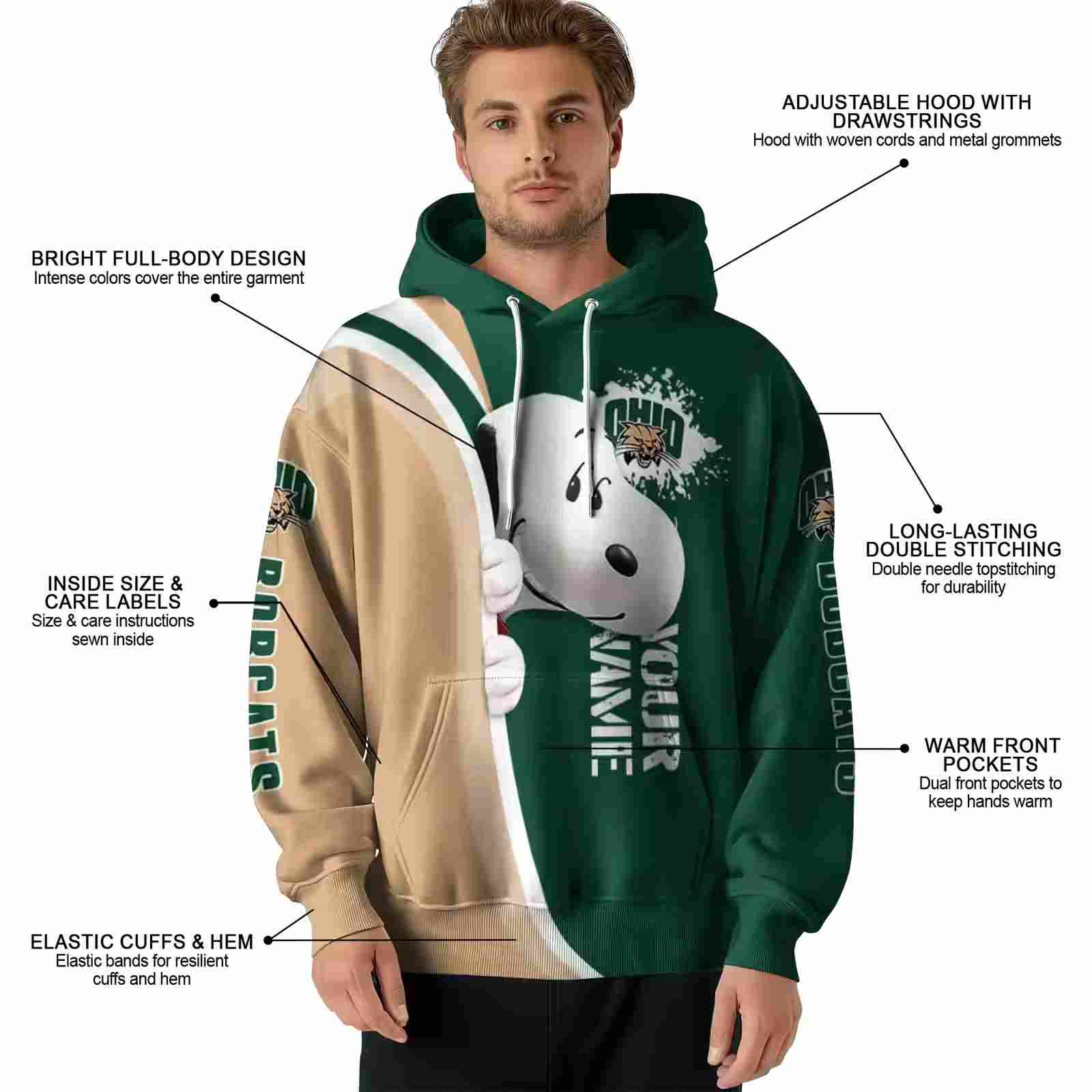 personalized ohio bobcats peeking snoopy green hoodie latest model