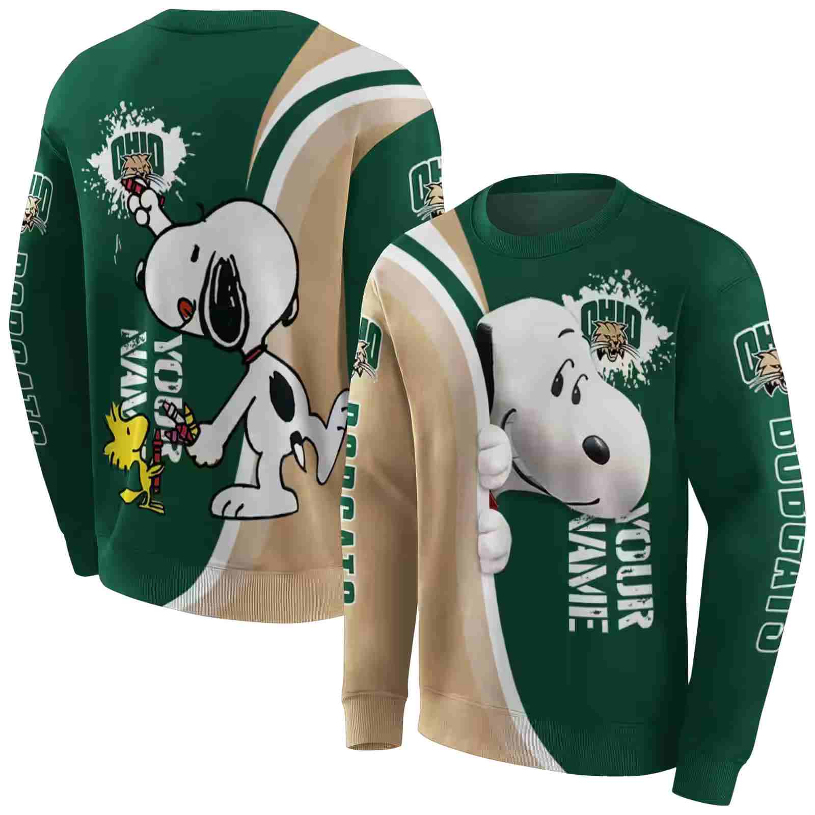 personalized ohio bobcats peeking snoopy green hoodie premium grade