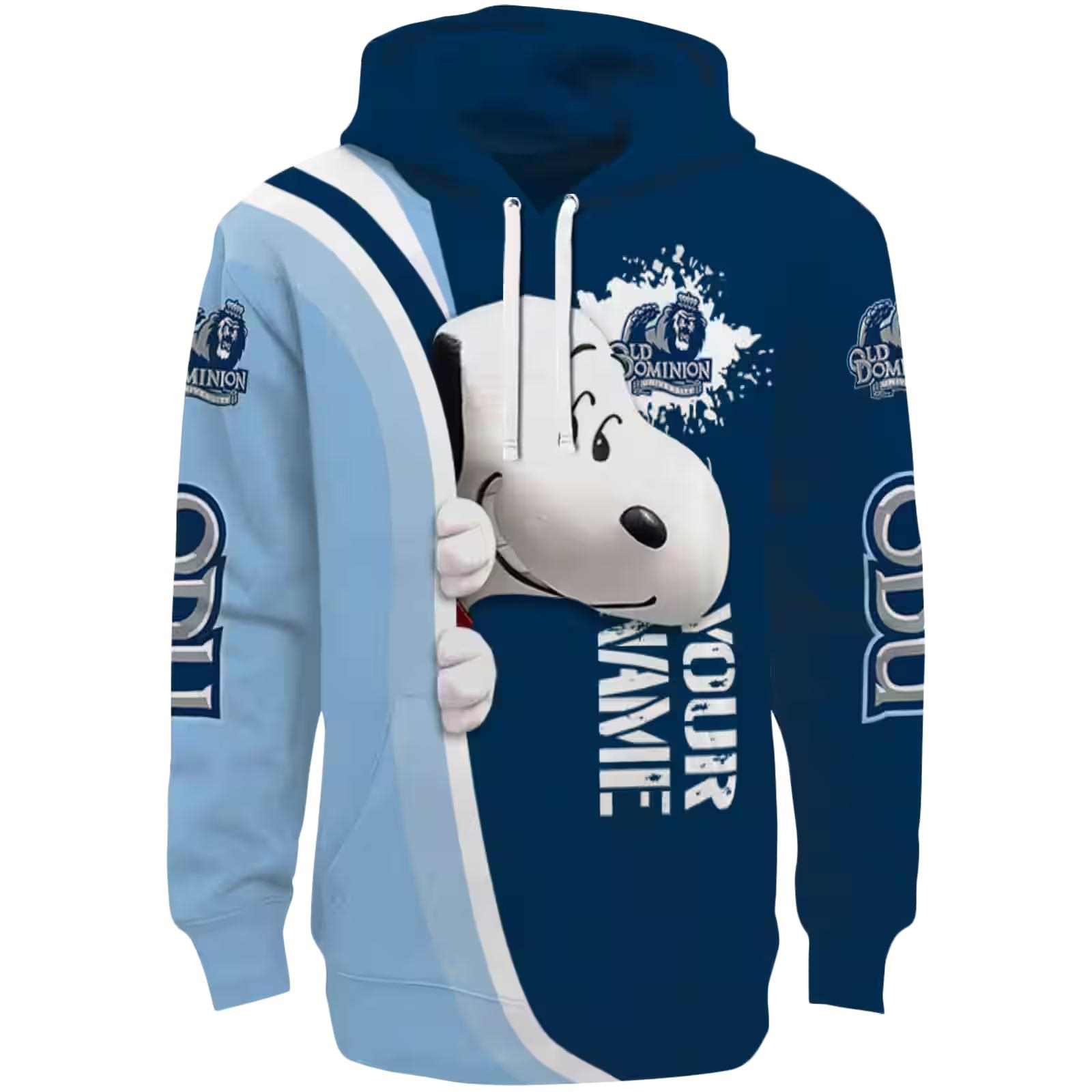 Personalized Old Dominion Monarchs Peeking Snoopy Blue Hoodie