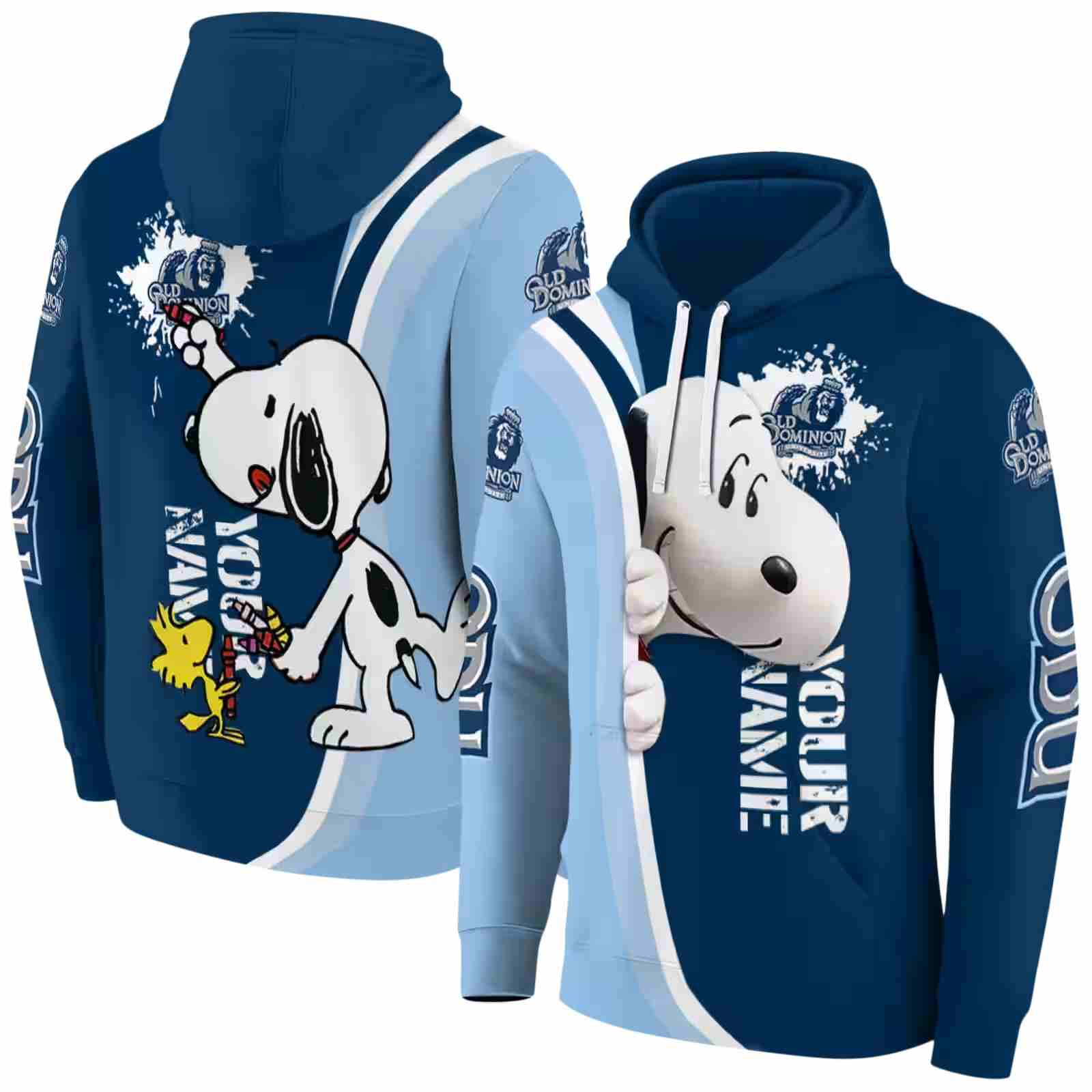 personalized old dominion monarchs peeking snoopy blue hoodie fashion forward