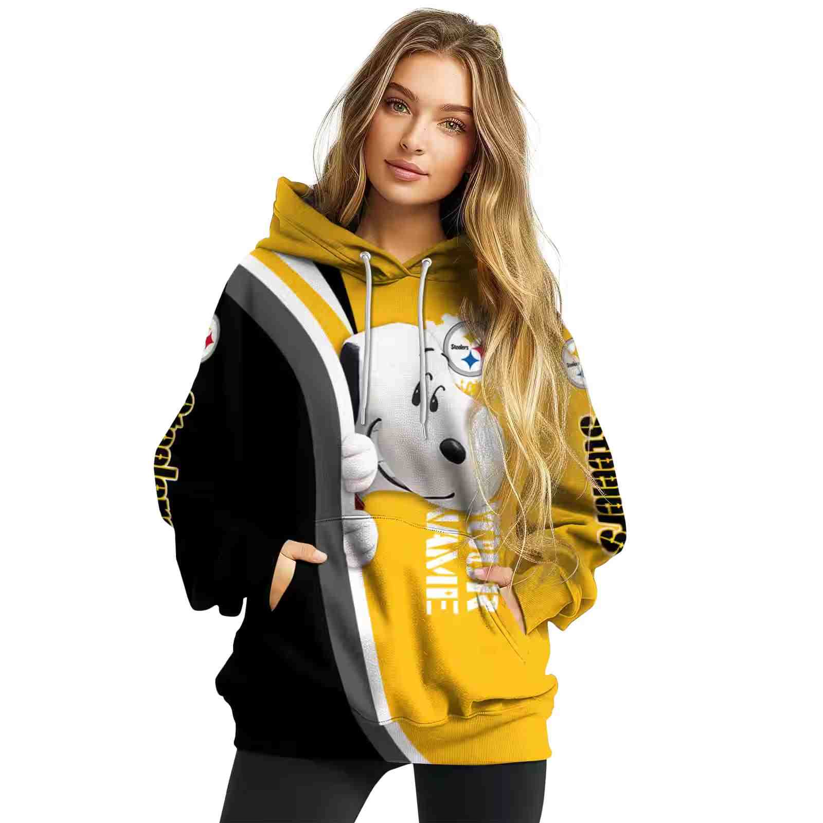 personalized pittsburgh steelers peeking snoopy gold hoodie high quality