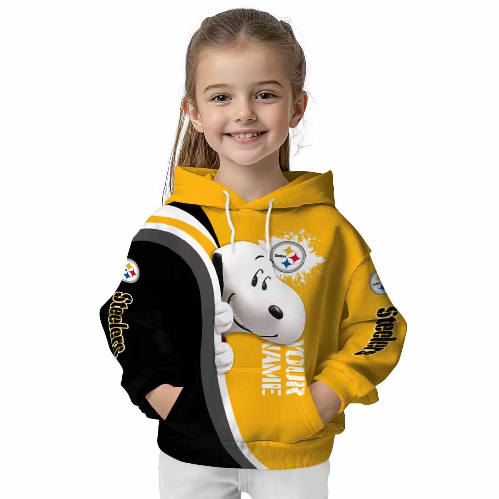 personalized pittsburgh steelers peeking snoopy gold hoodie top rated