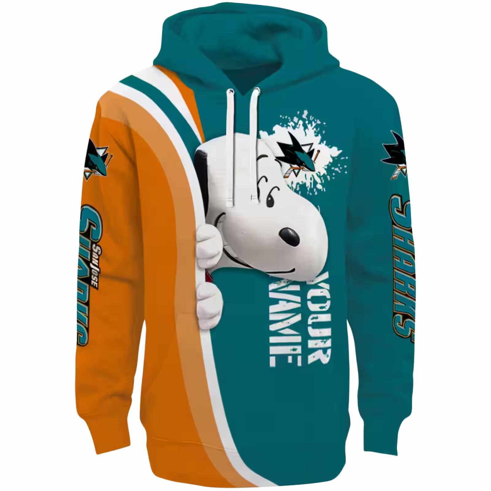 Personalized San Jose Sharks Peeking Snoopy Teal Hoodie