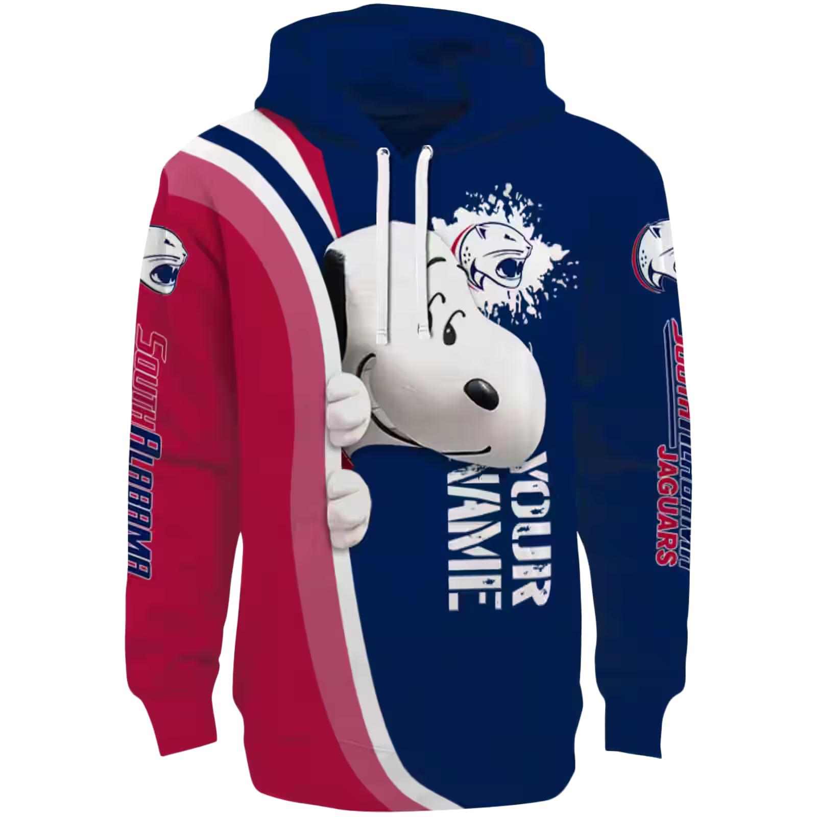 Personalized South Alabama Jaguars Peeking Snoopy Blue Hoodie