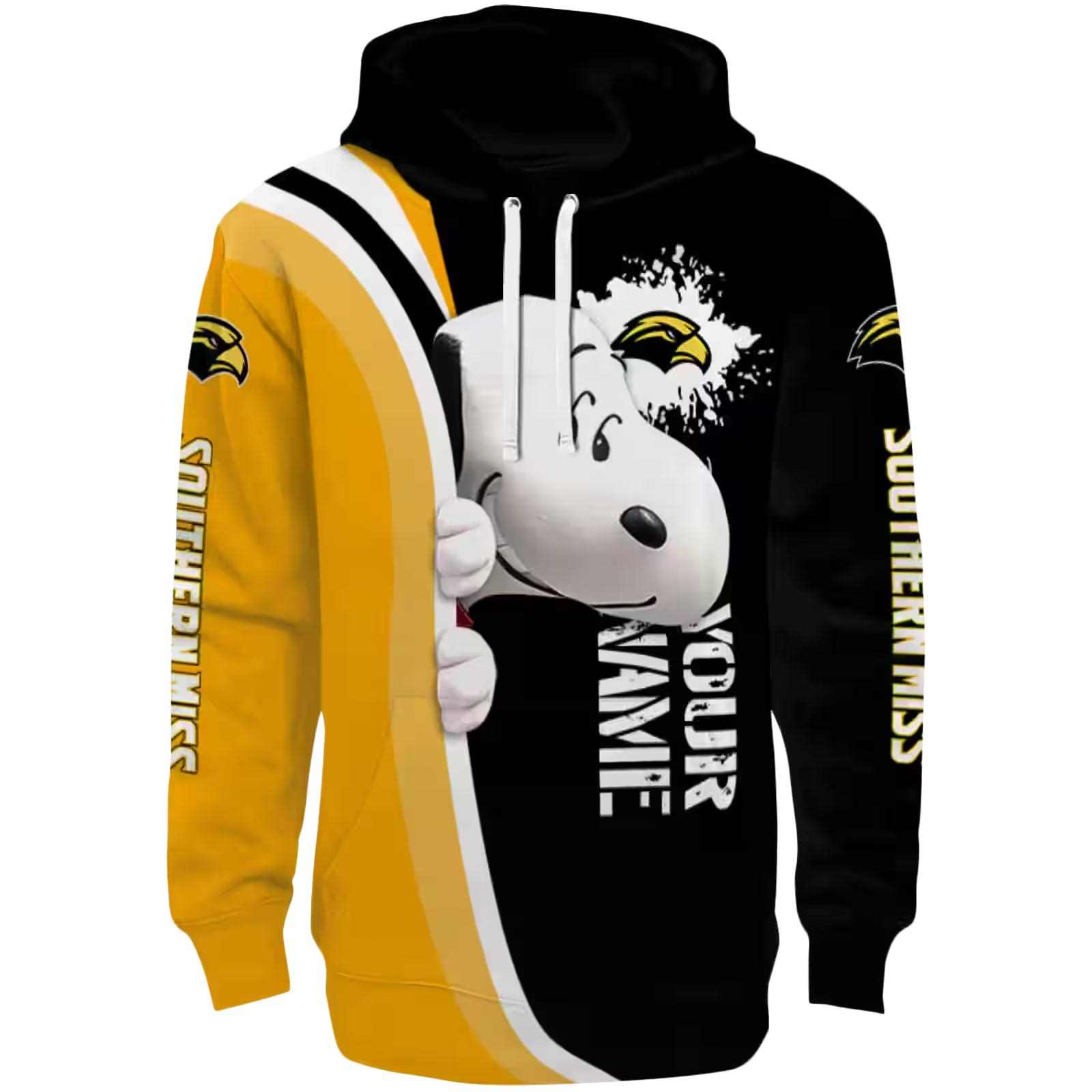 Personalized Southern Miss Golden Eagles Peeking Snoopy Black Hoodie