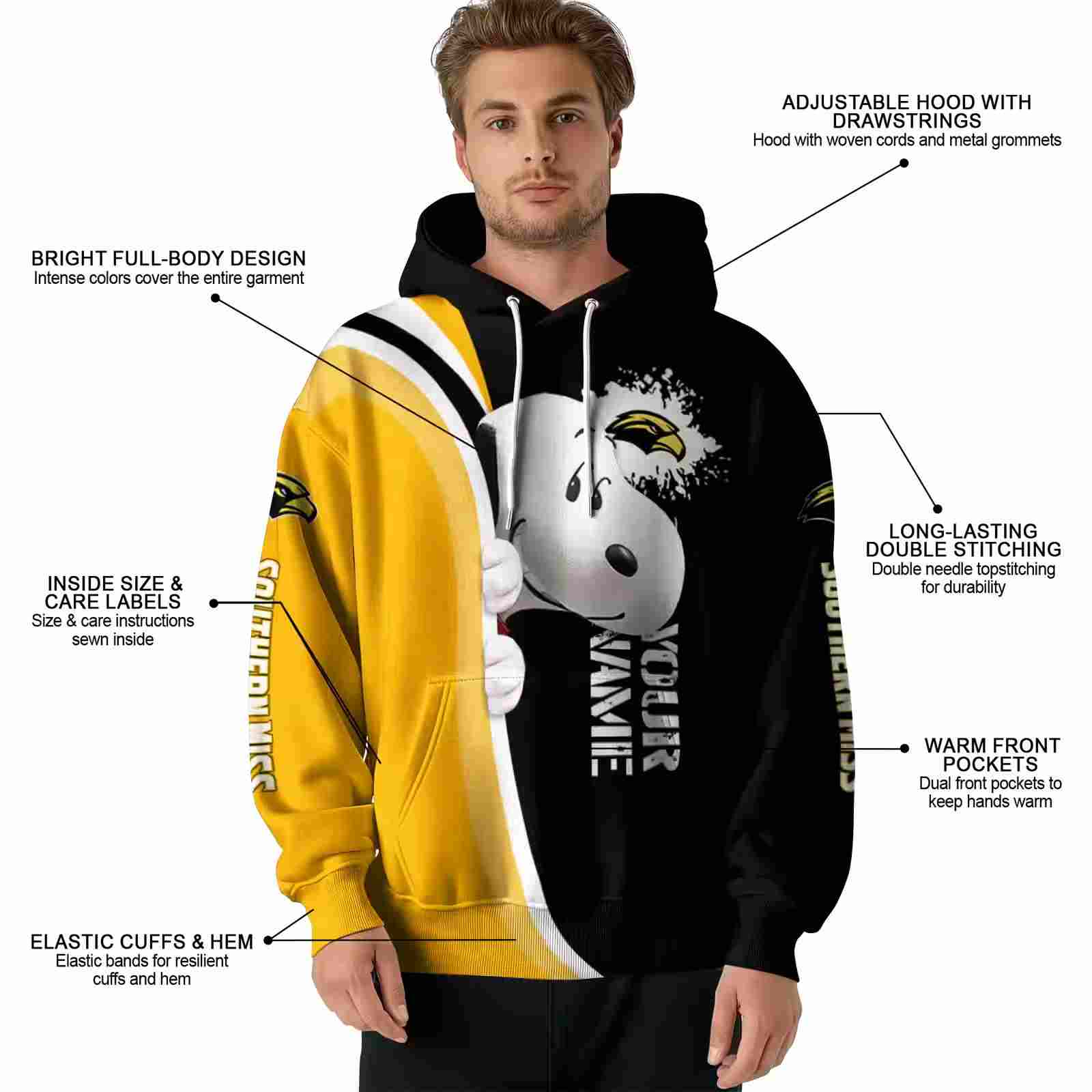 personalized southern miss golden eagles peeking snoopy black hoodie latest model