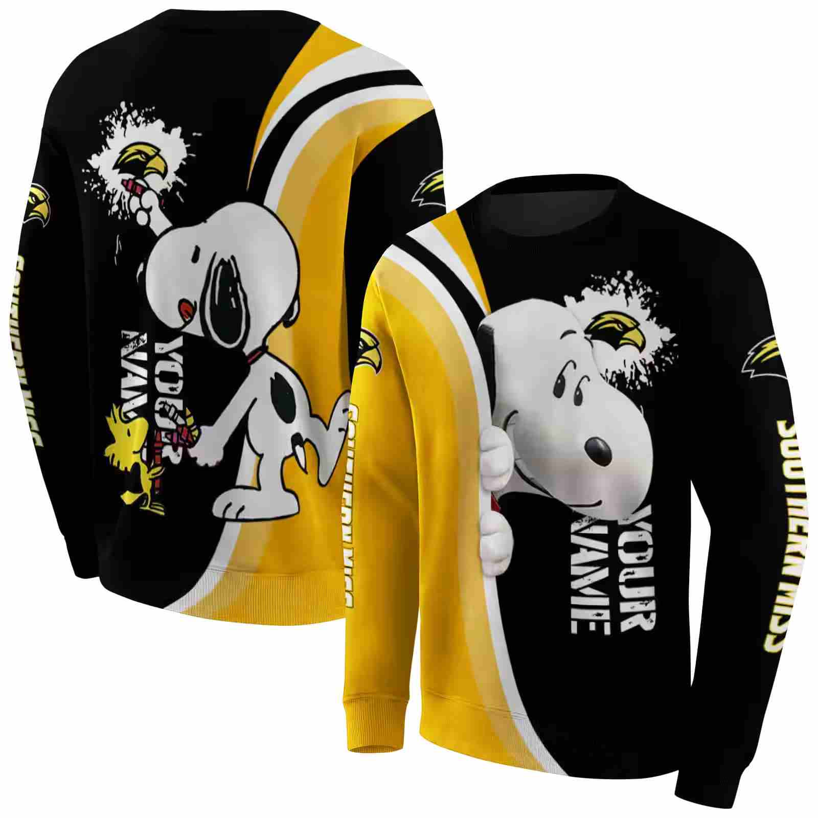 personalized southern miss golden eagles peeking snoopy black hoodie premium grade