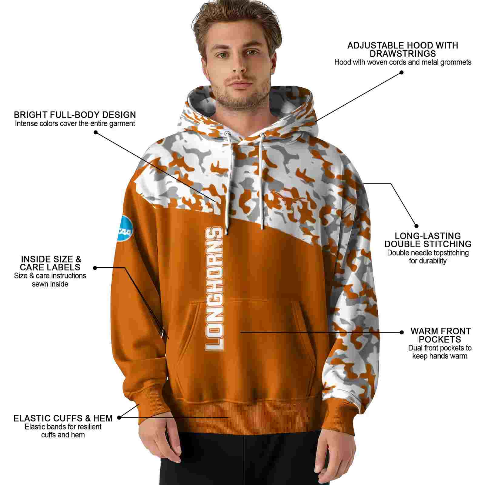 personalized texas longhorns camo pattern orange hoodie latest model