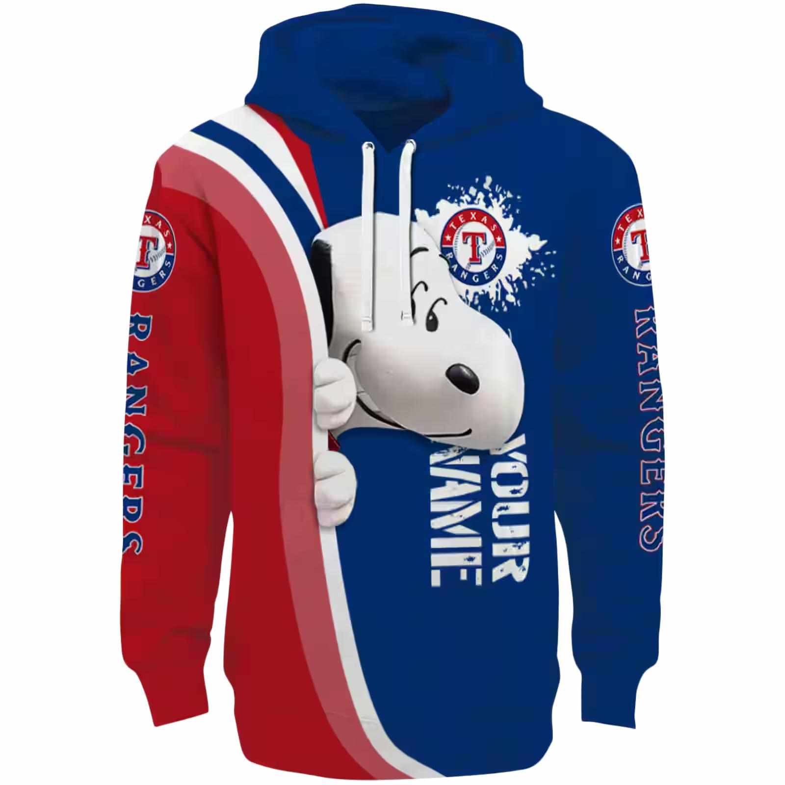 Personalized Texas Rangers Peeking Snoopy Blue Hoodie