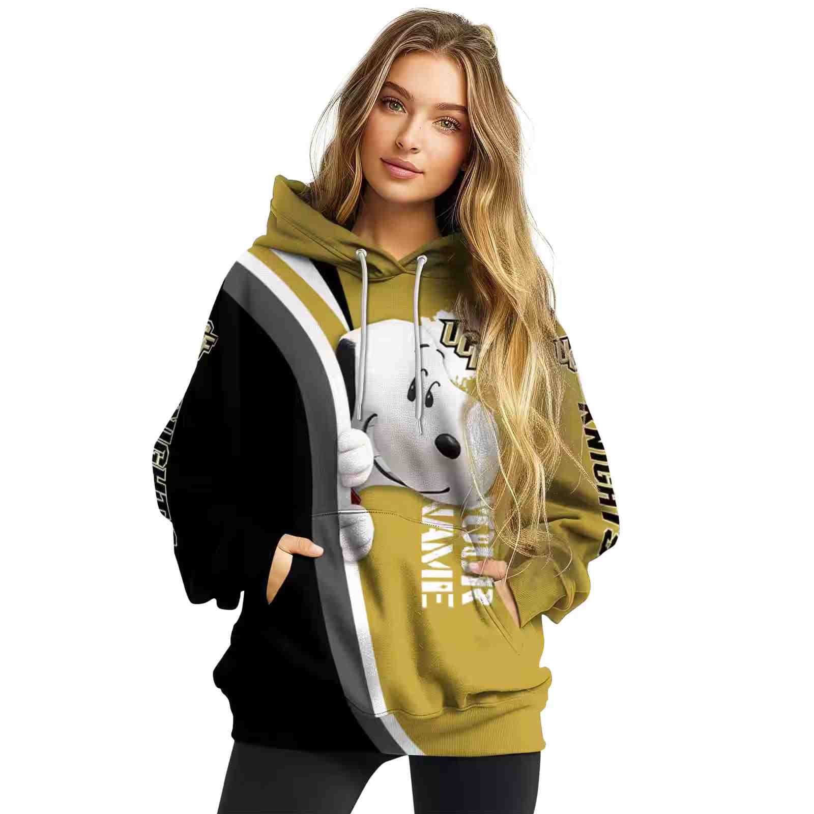 personalized ucf knights peeking snoopy gold hoodie high quality