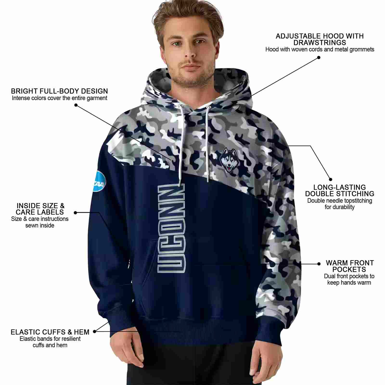 personalized uconn huskies camo pattern blue hoodie latest model