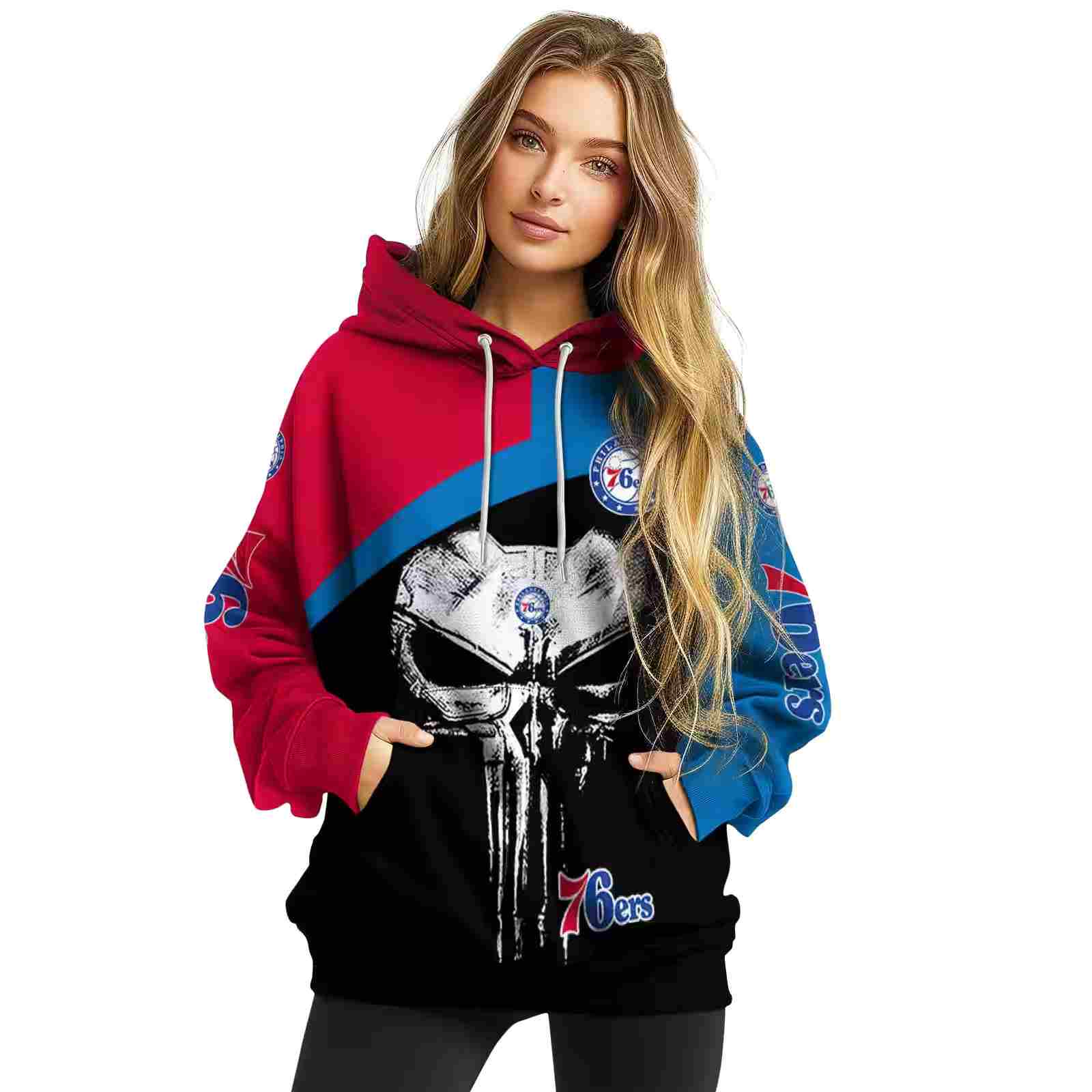 philadelphia 76ers skull punisher red black hoodie high quality